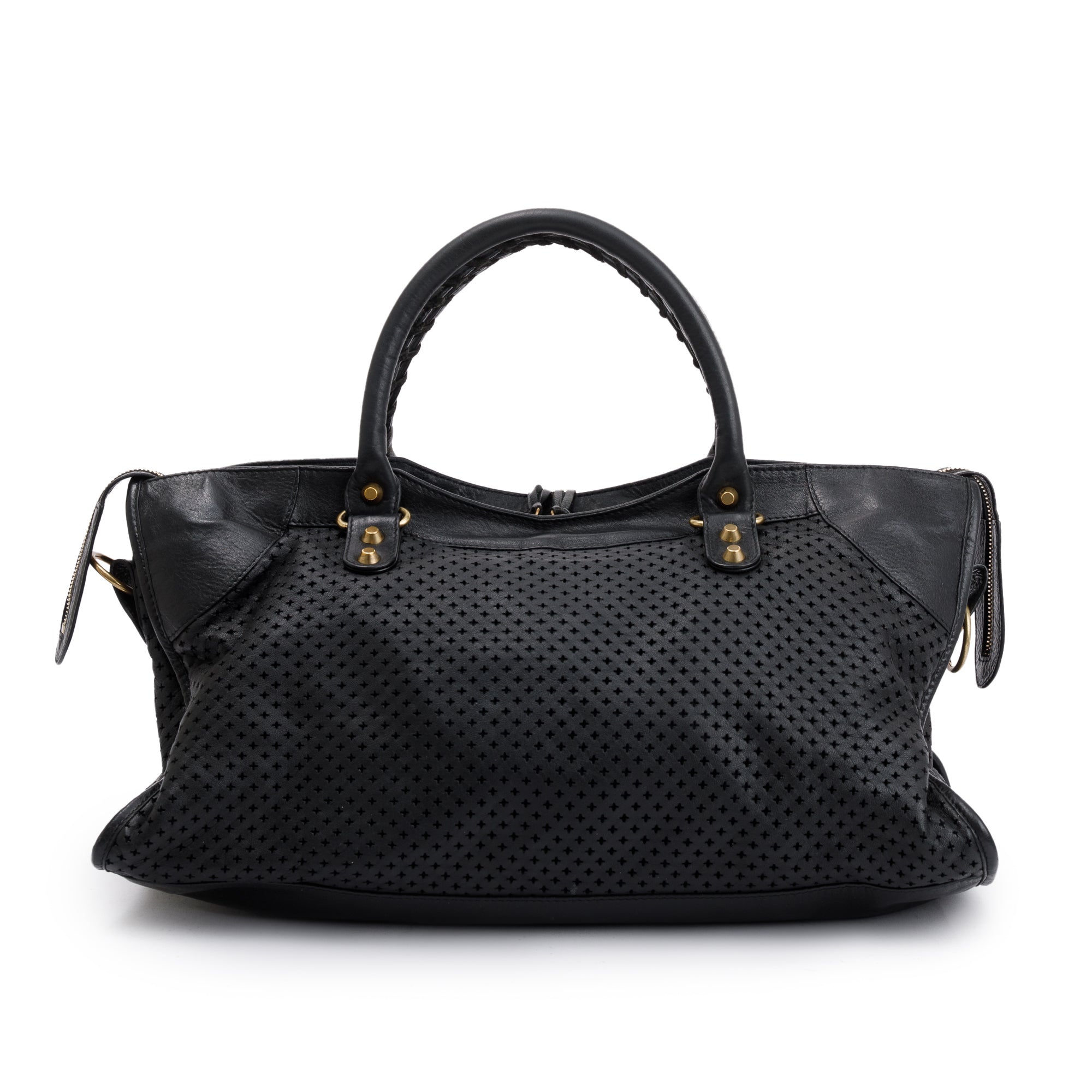 Balenciaga Black Perforated Arena Leather Motocross City Bag