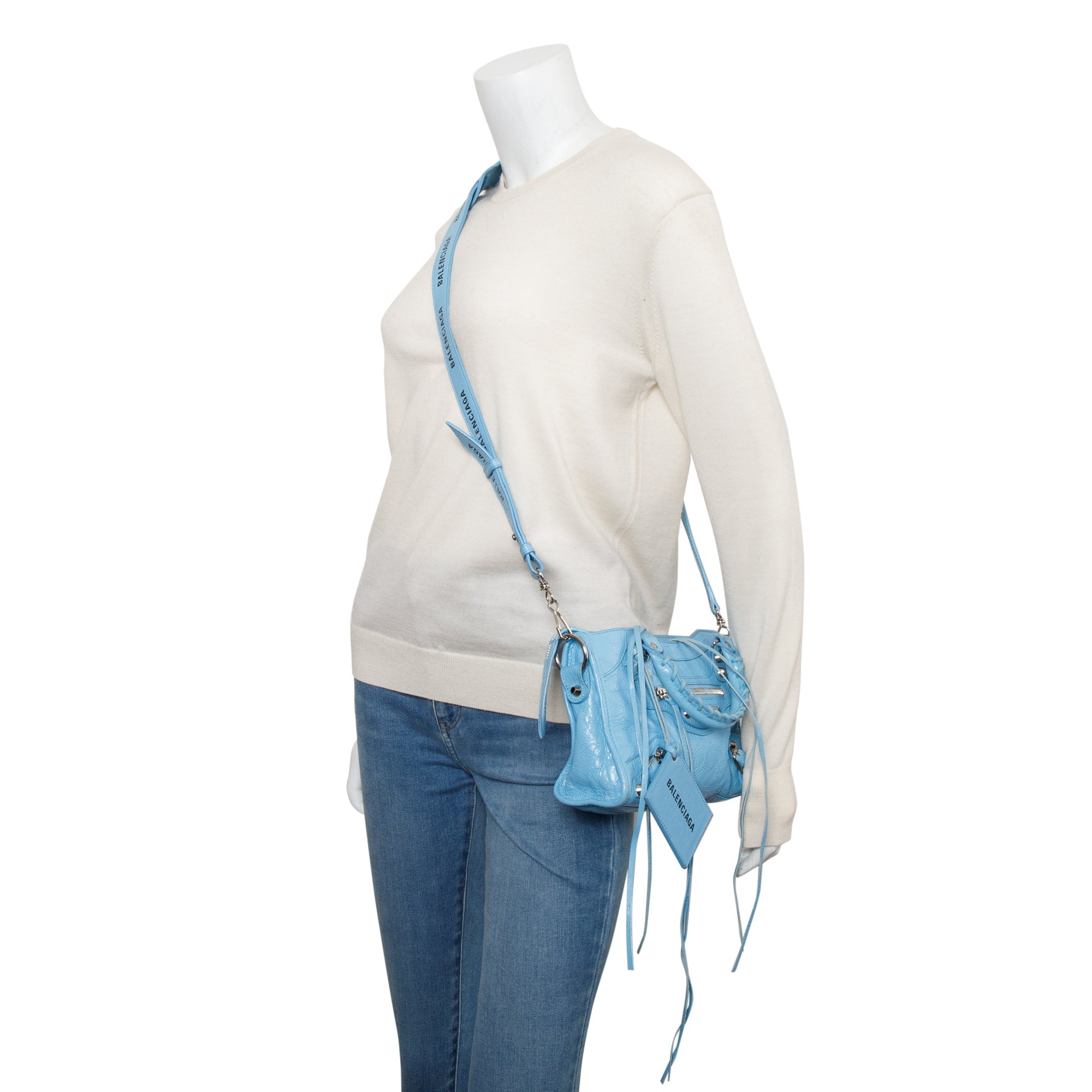 Balenciaga Blue Agneau Leather Classic Mini City Bag w/ Logo Strap