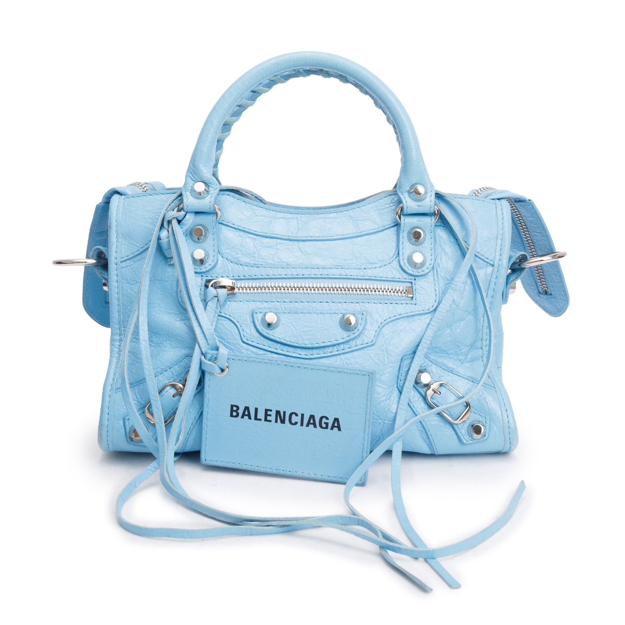 Balenciaga Blue Agneau Leather Classic Mini City Bag w/ Logo Strap