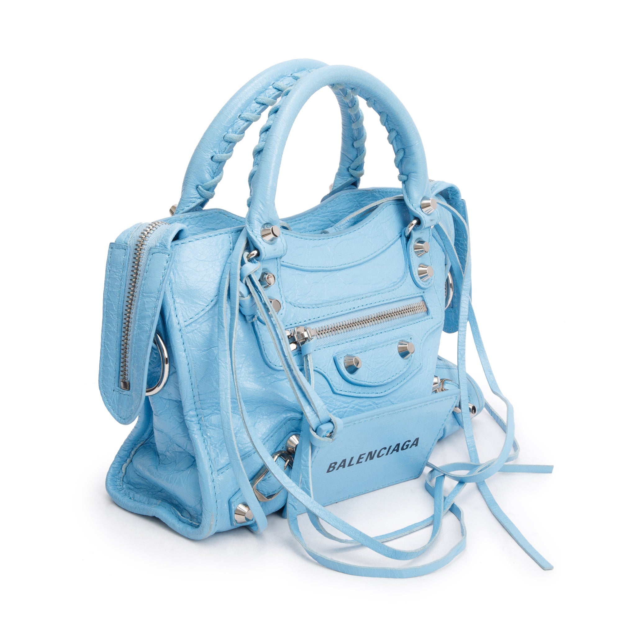 Balenciaga Blue Agneau Leather Classic Mini City Bag w/ Logo Strap