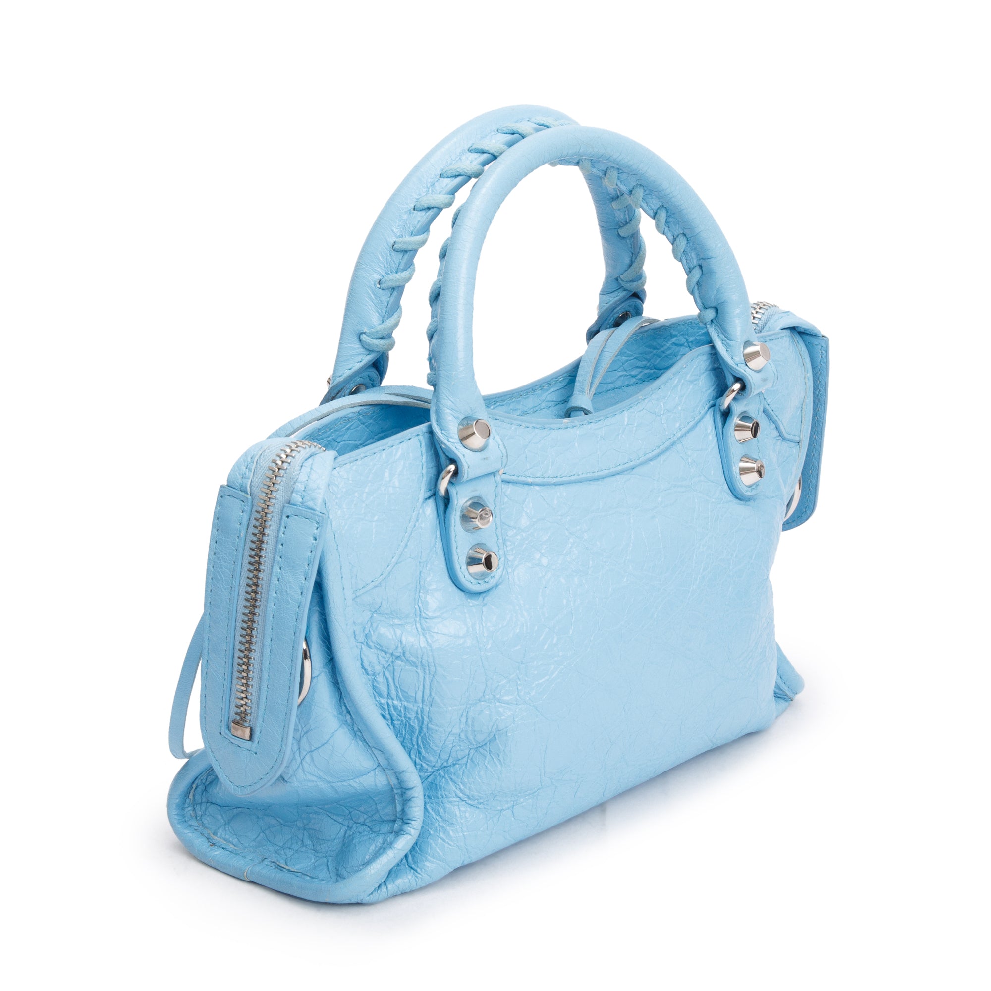 Balenciaga Blue Agneau Leather Classic Mini City Bag w/ Logo Strap