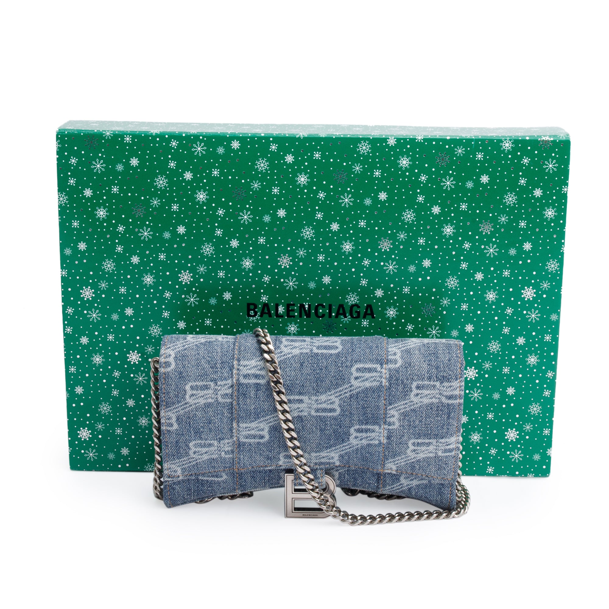 Balenciaga Blue BB Denim Hourglass Wallet on Chain w/ Box