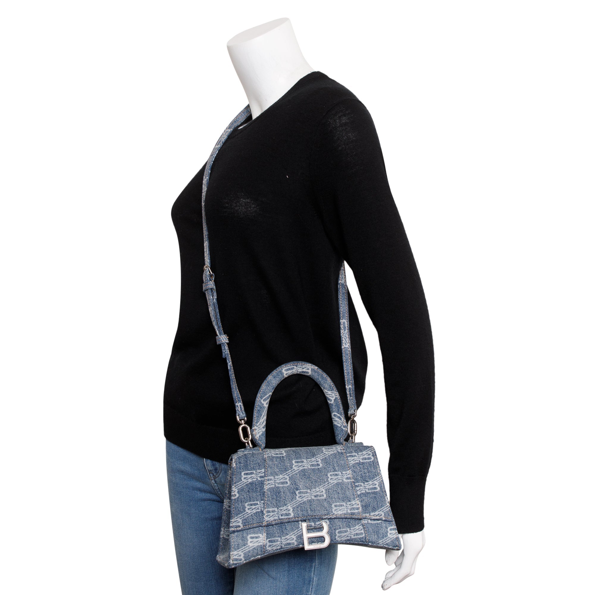 Balenciaga Blue BB Monogram Denim Small Hourglass Top Handle Bag w/ Strap
