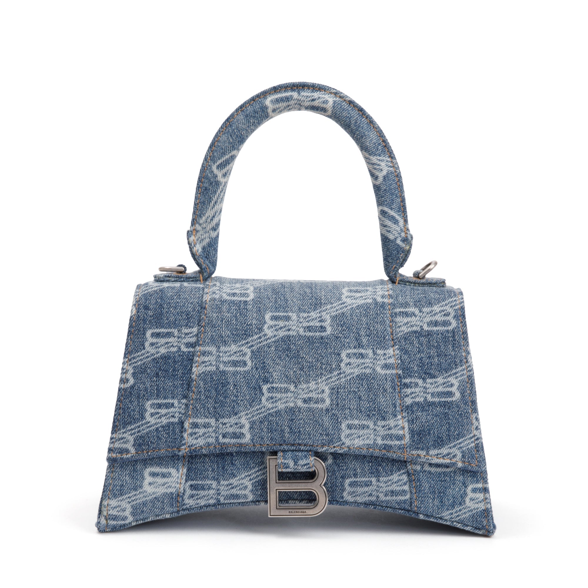 Balenciaga Blue BB Monogram Denim Small Hourglass Top Handle Bag w/ Strap