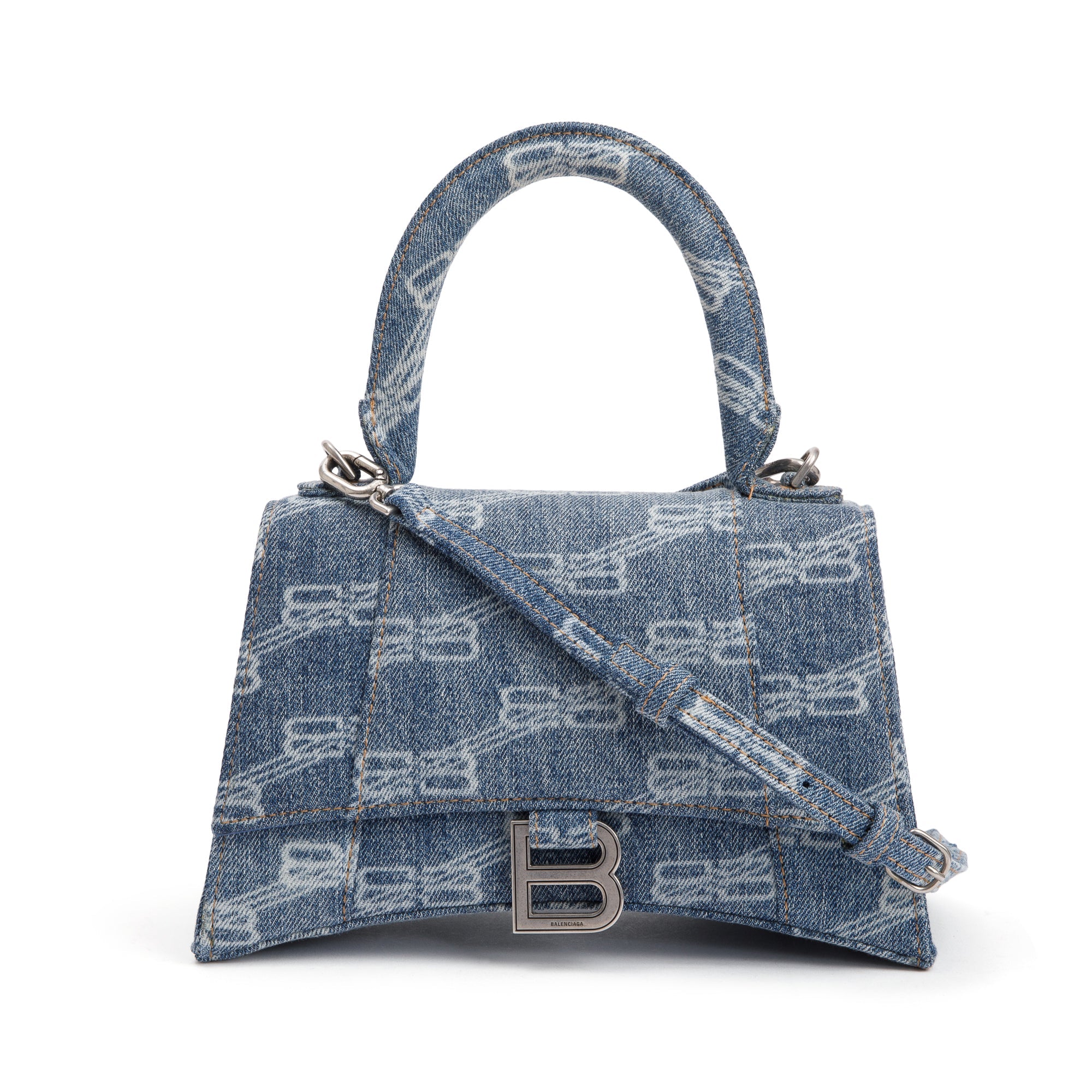 Balenciaga Blue BB Monogram Denim Small Hourglass Top Handle Bag w/ Strap