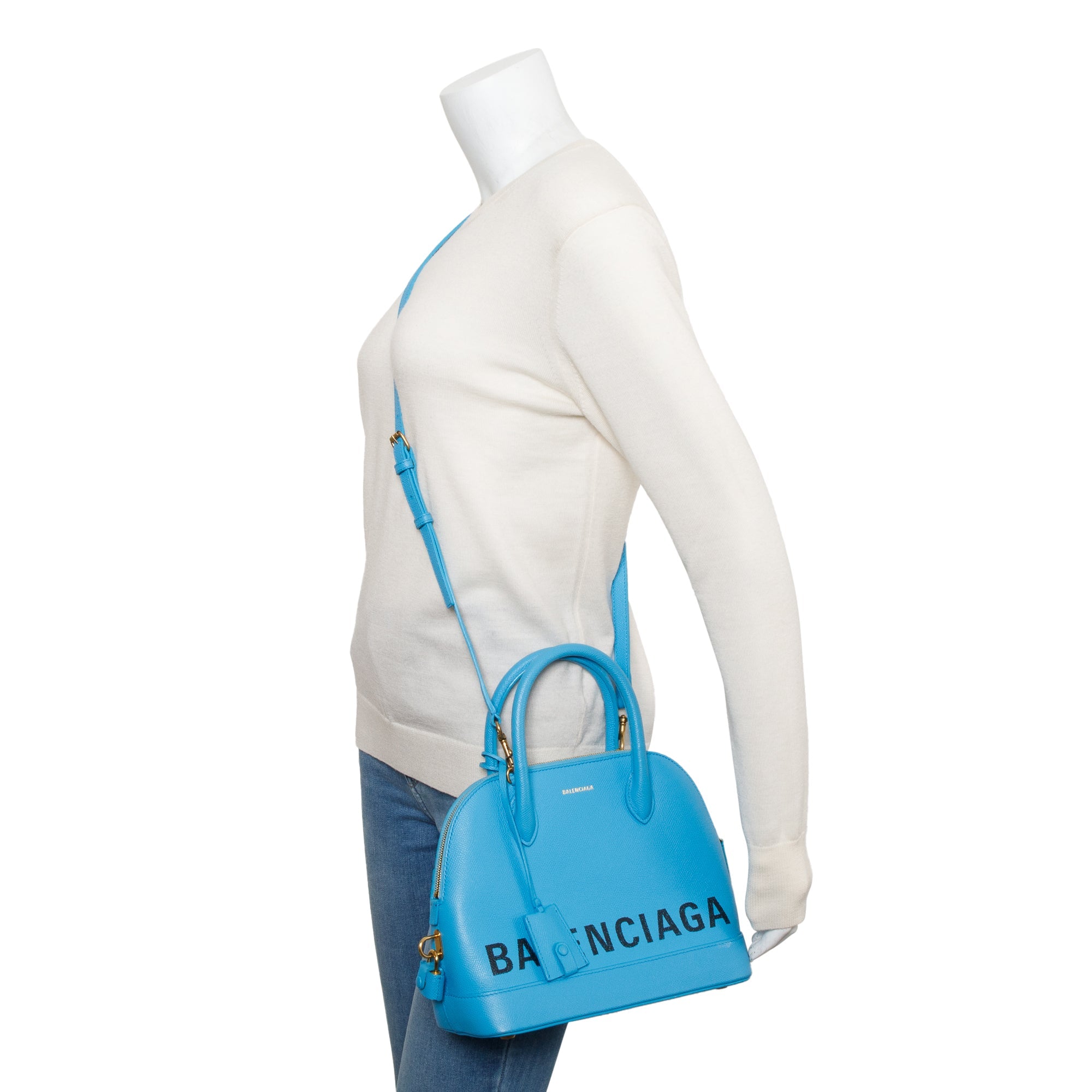 Balenciaga Blue Grained Calfskin Leather Ville S Top Handle Bag w/ Strap