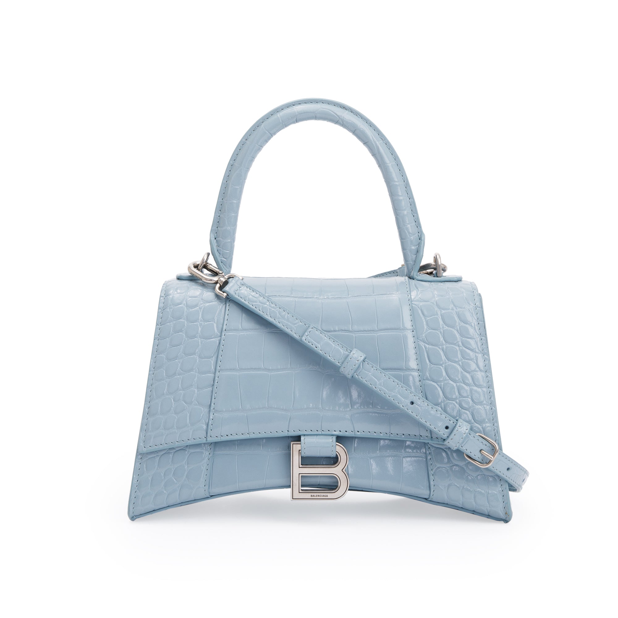 Balenciaga Blue Grey Croc-Embossed Calfskin Leather Small Hourglass Top Handle Bag w/ Strap & Receipt
