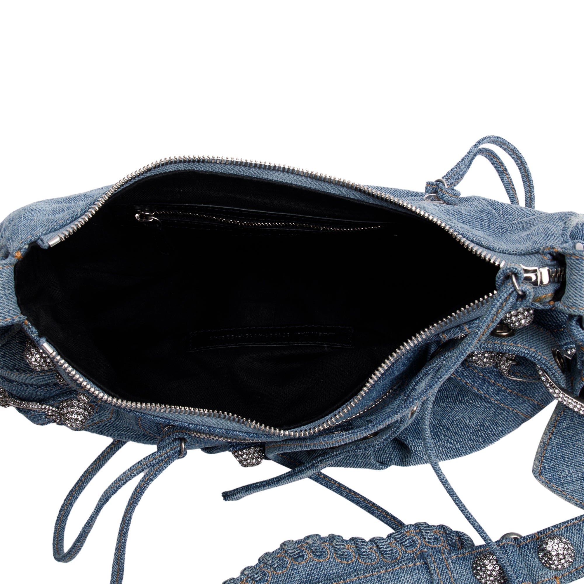 Balenciaga Blue Washed Frayed Denim Rhinestone Le Cagole Small Shoulder Bag