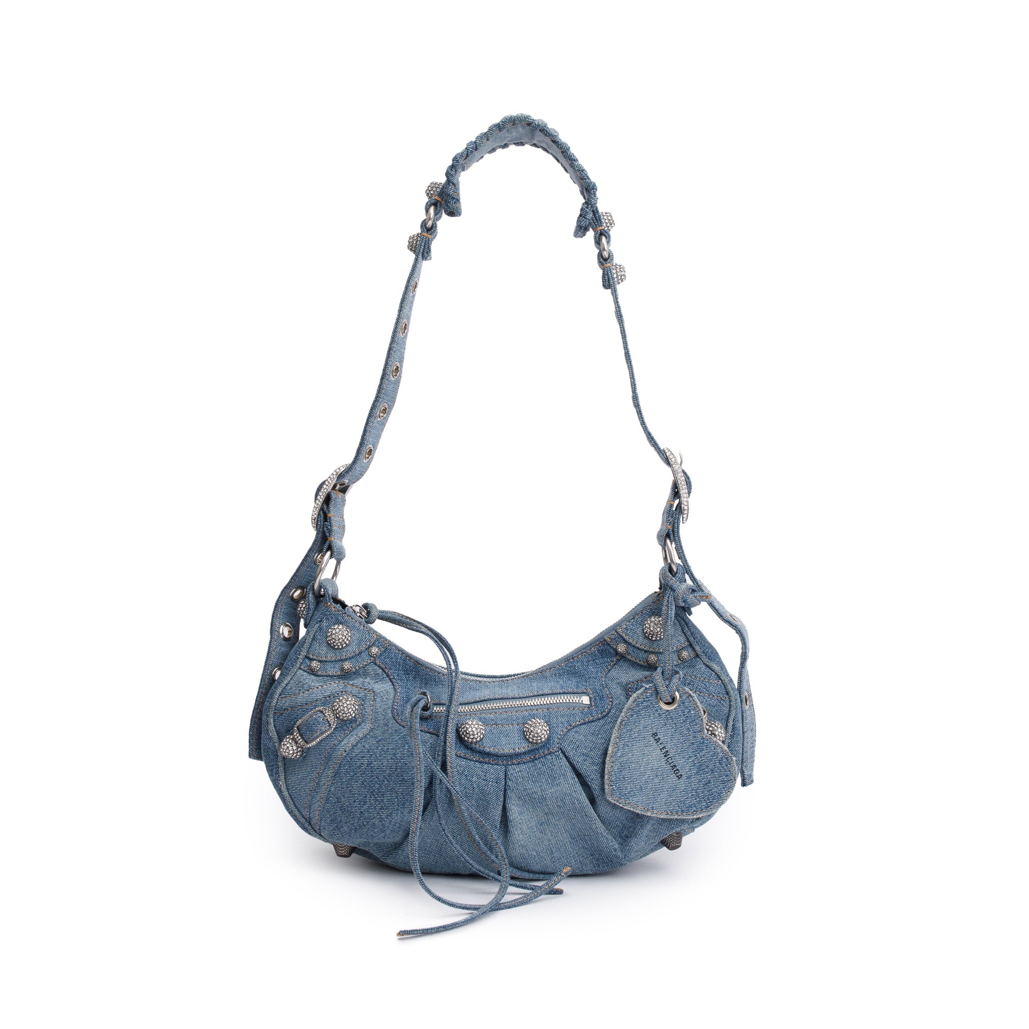 Balenciaga Blue Washed Frayed Denim Rhinestone Le Cagole Small Shoulder Bag