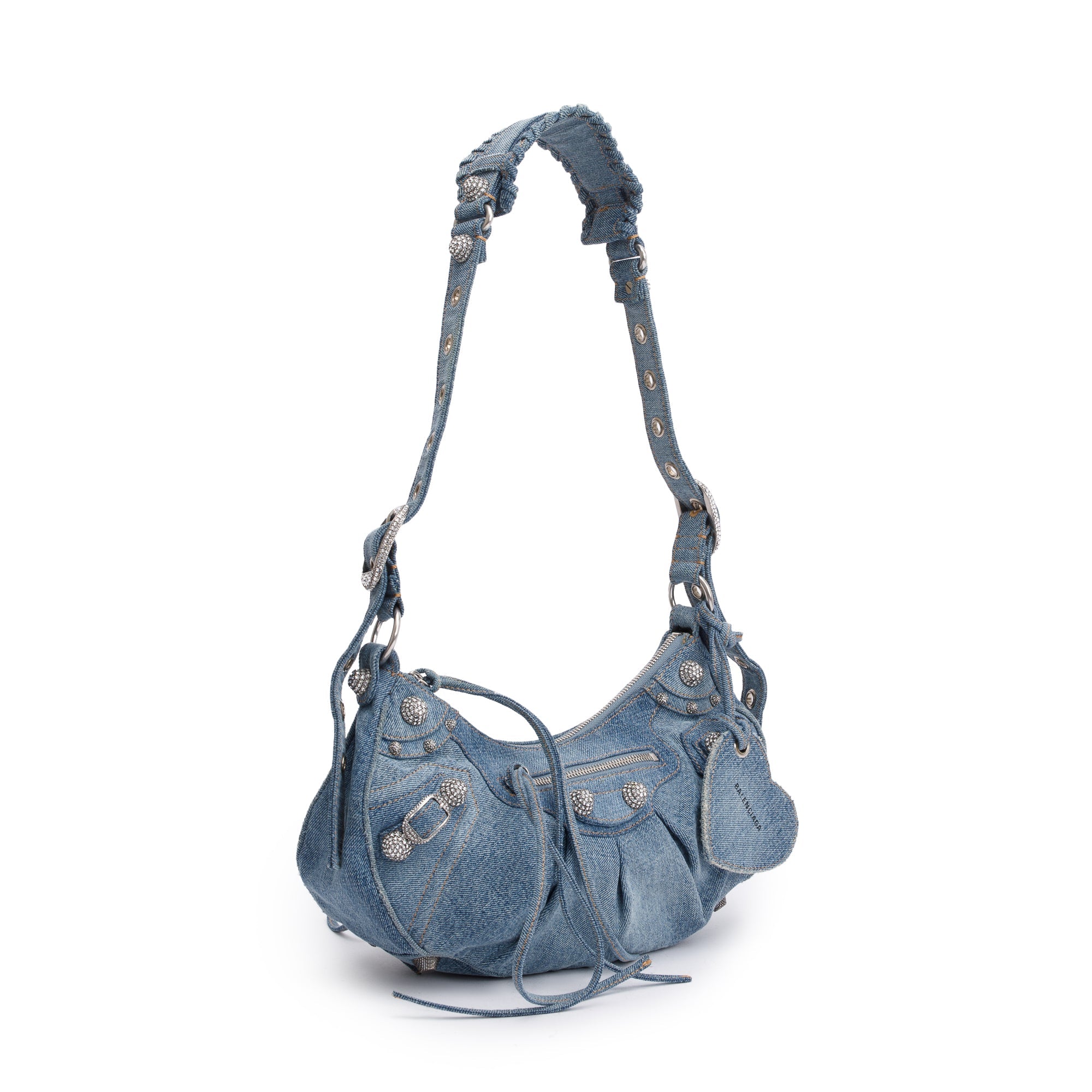 Balenciaga Blue Washed Frayed Denim Rhinestone Le Cagole Small Shoulder Bag