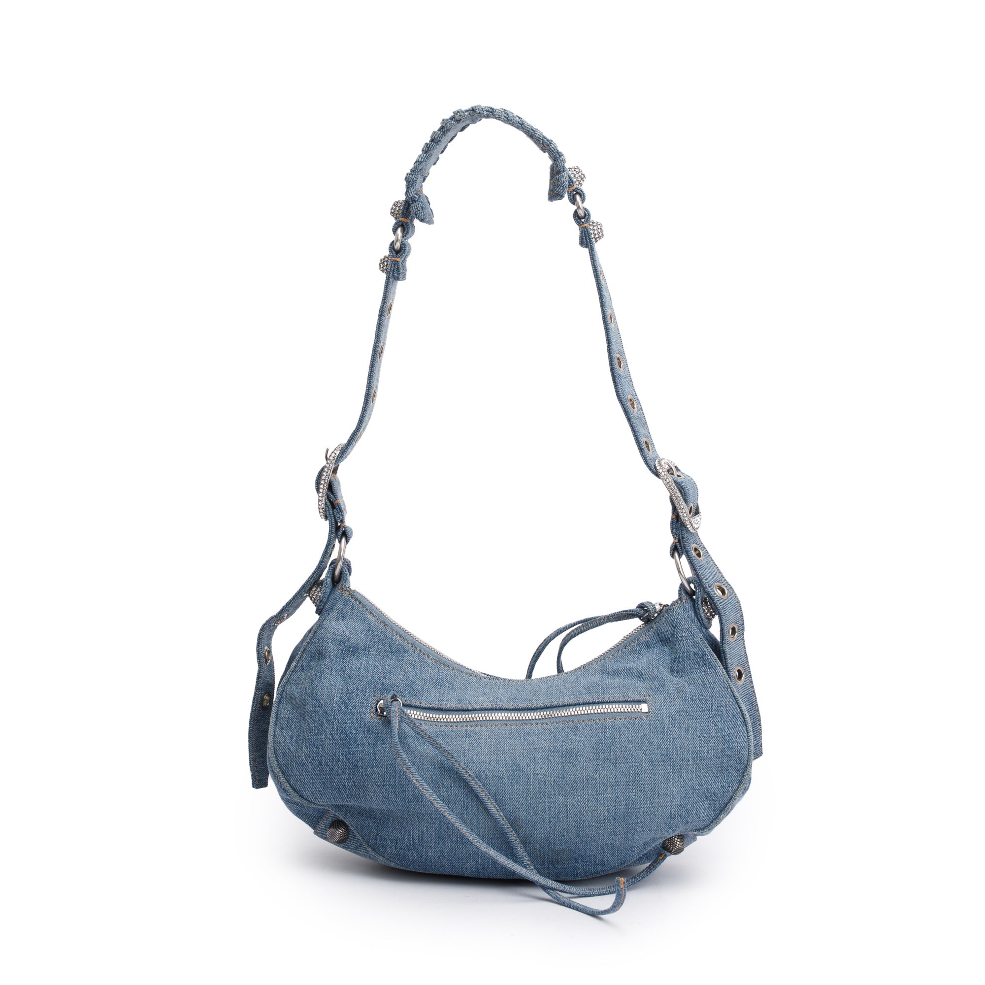 Balenciaga Blue Washed Frayed Denim Rhinestone Le Cagole Small Shoulder Bag