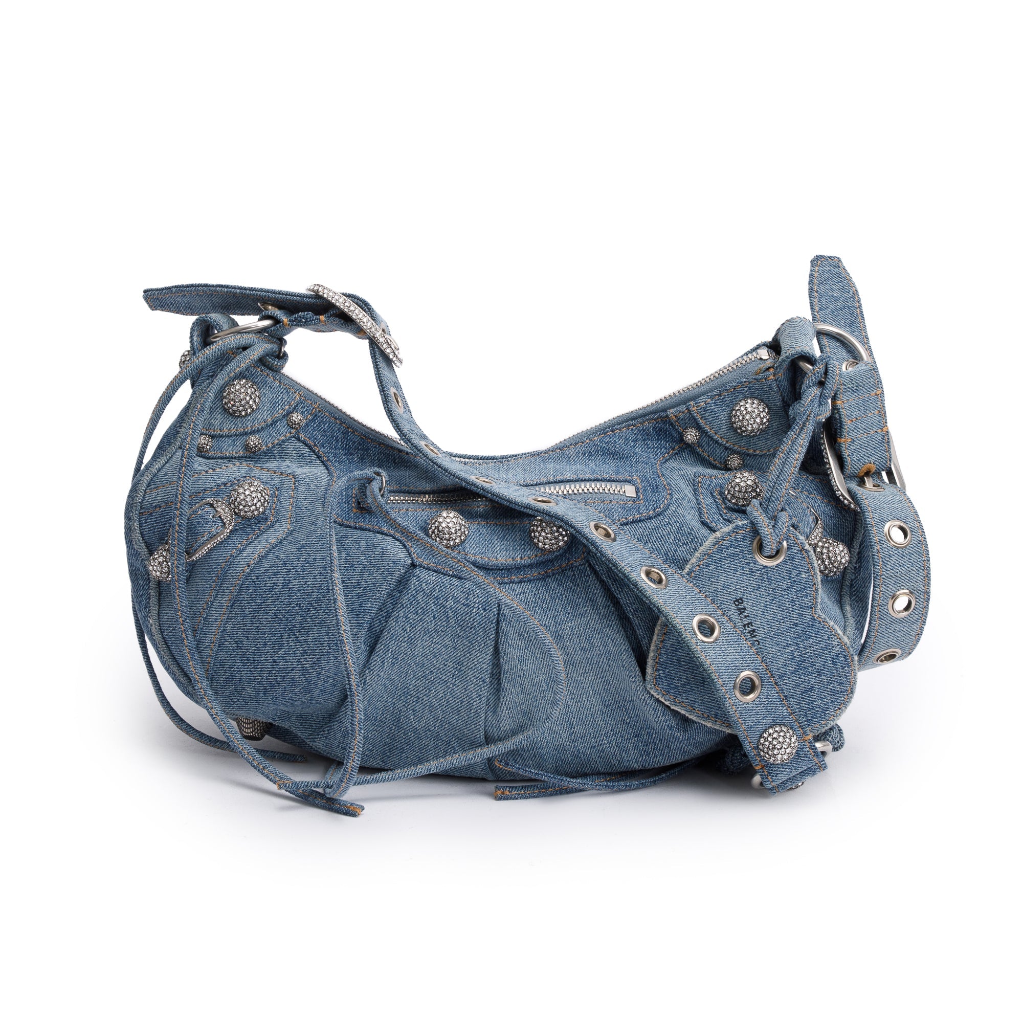 Balenciaga Blue Washed Frayed Denim Rhinestone Le Cagole Small Shoulder Bag