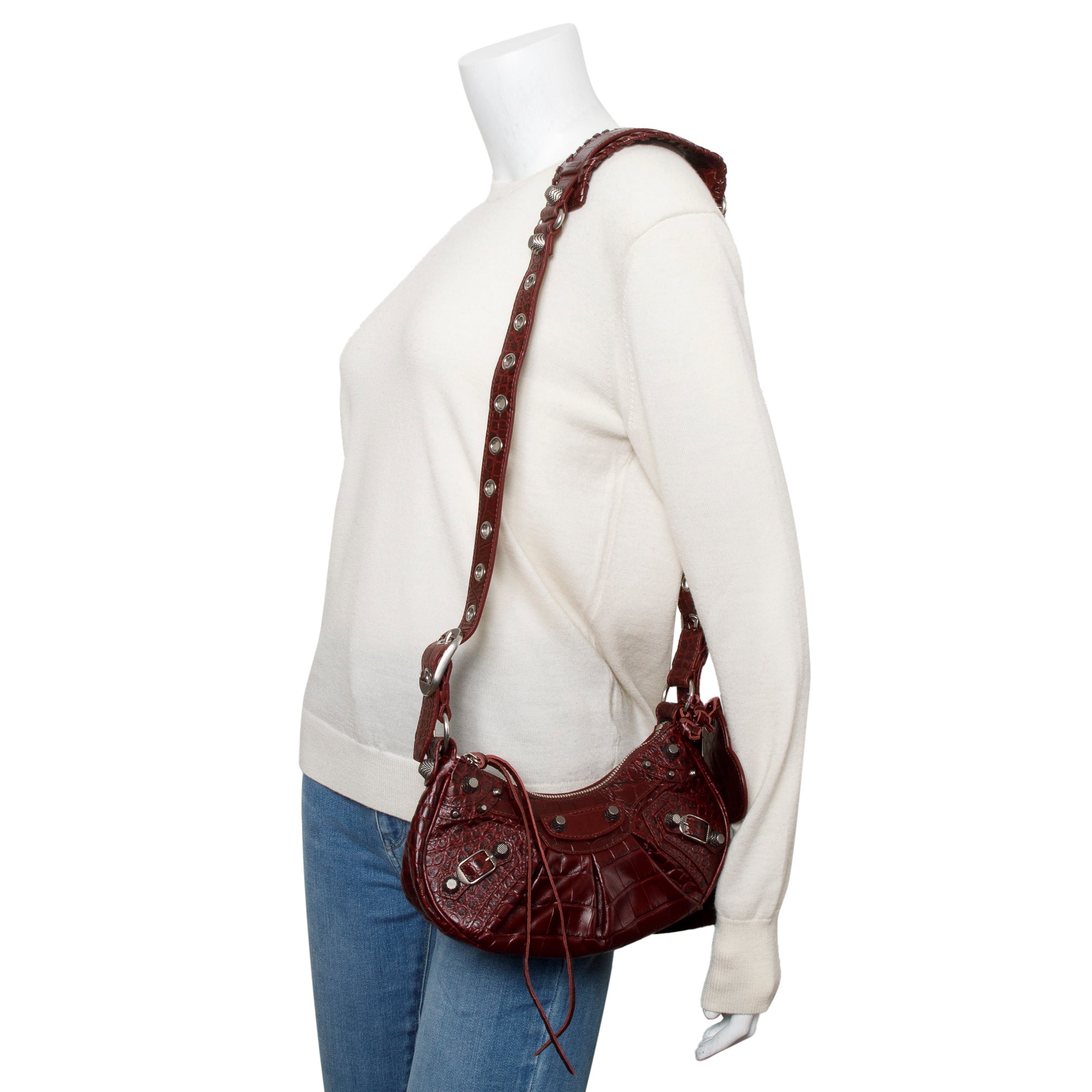 Balenciaga Burgundy Calfskin Crocodile Embossed Le Cagole XS Shoulder Bag
