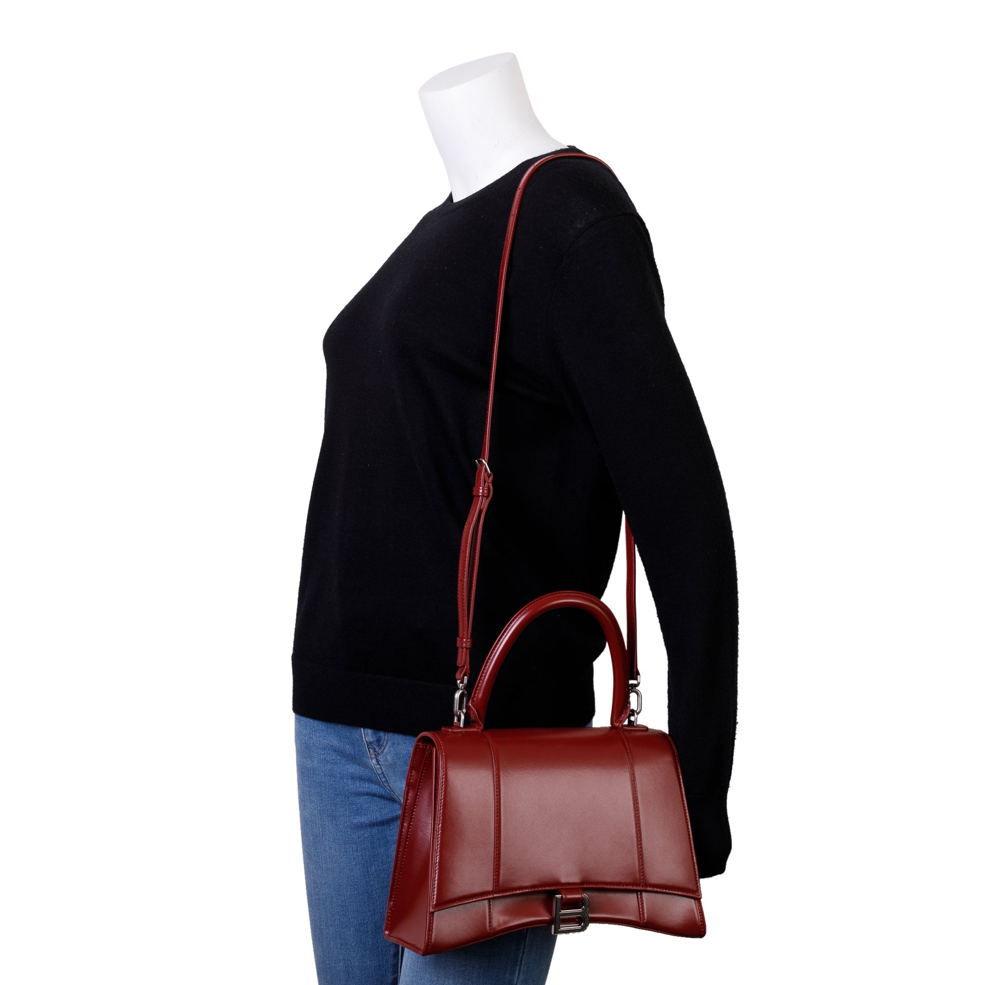 Balenciaga Burgundy Calfskin Leather Medium Hourglass Top Handle Bag w/ Strap