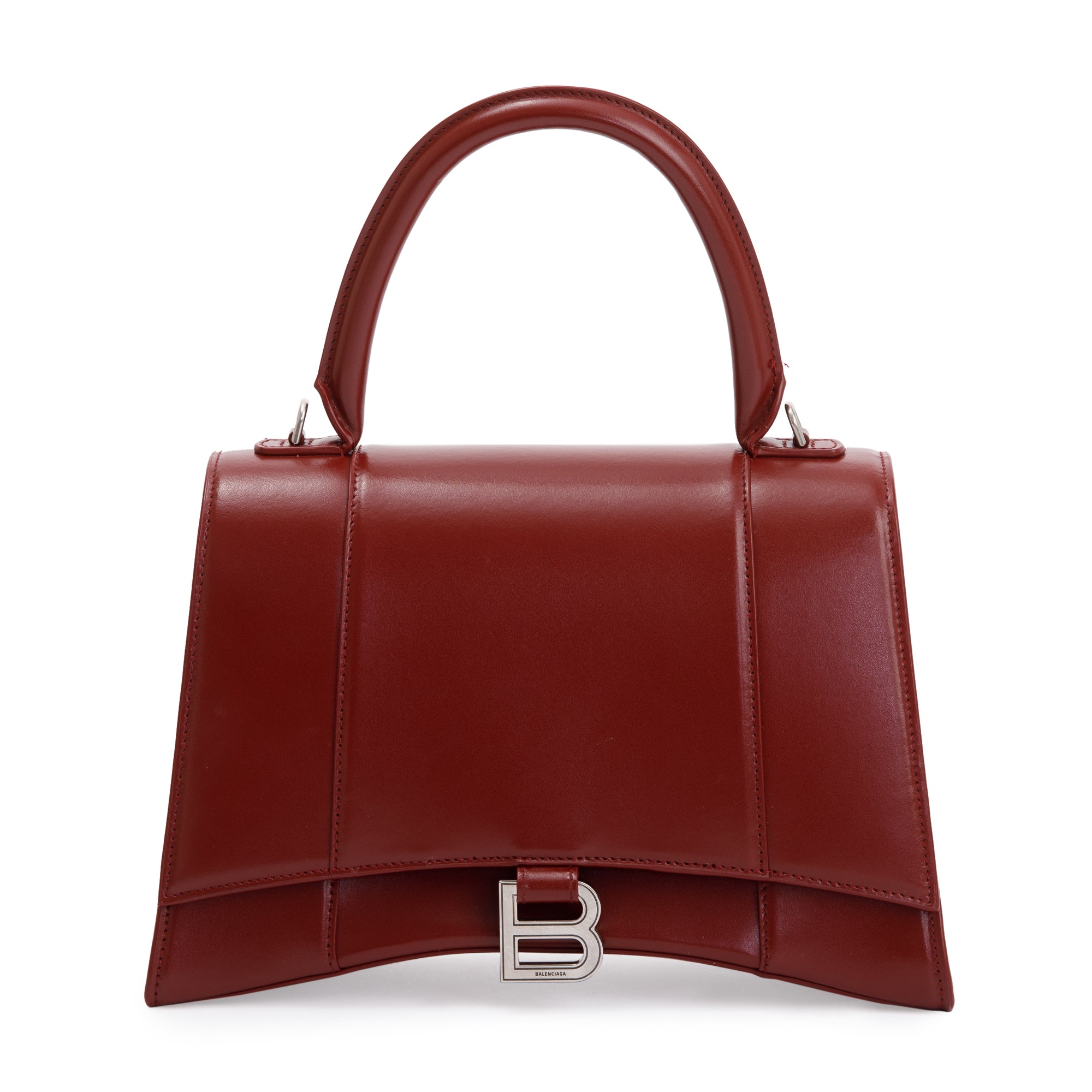 Balenciaga Burgundy Calfskin Leather Medium Hourglass Top Handle Bag w/ Strap