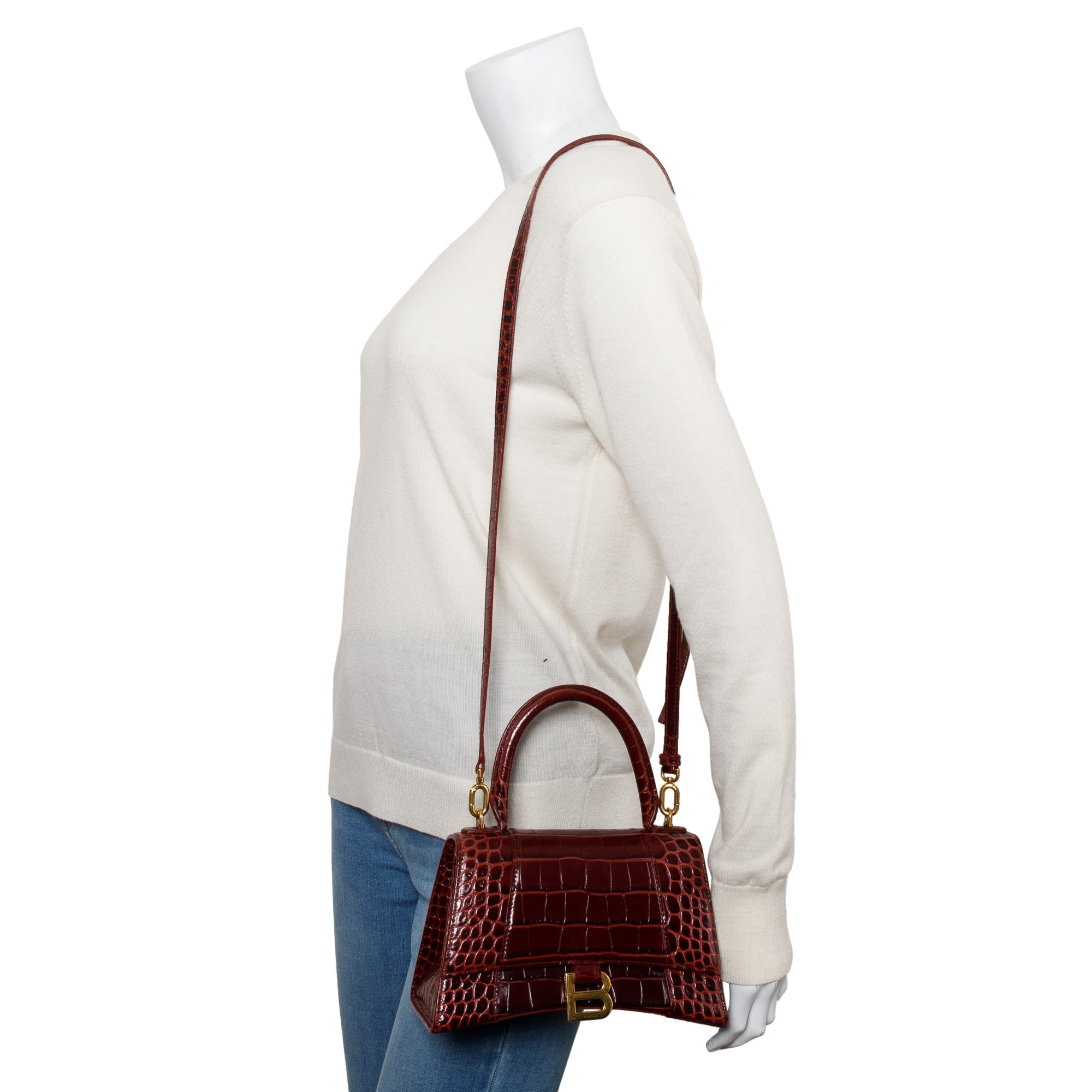 Balenciaga Burgundy Croc Embossed Leather Small Hourglass Top Handle Bag w/ Strap & Receipt