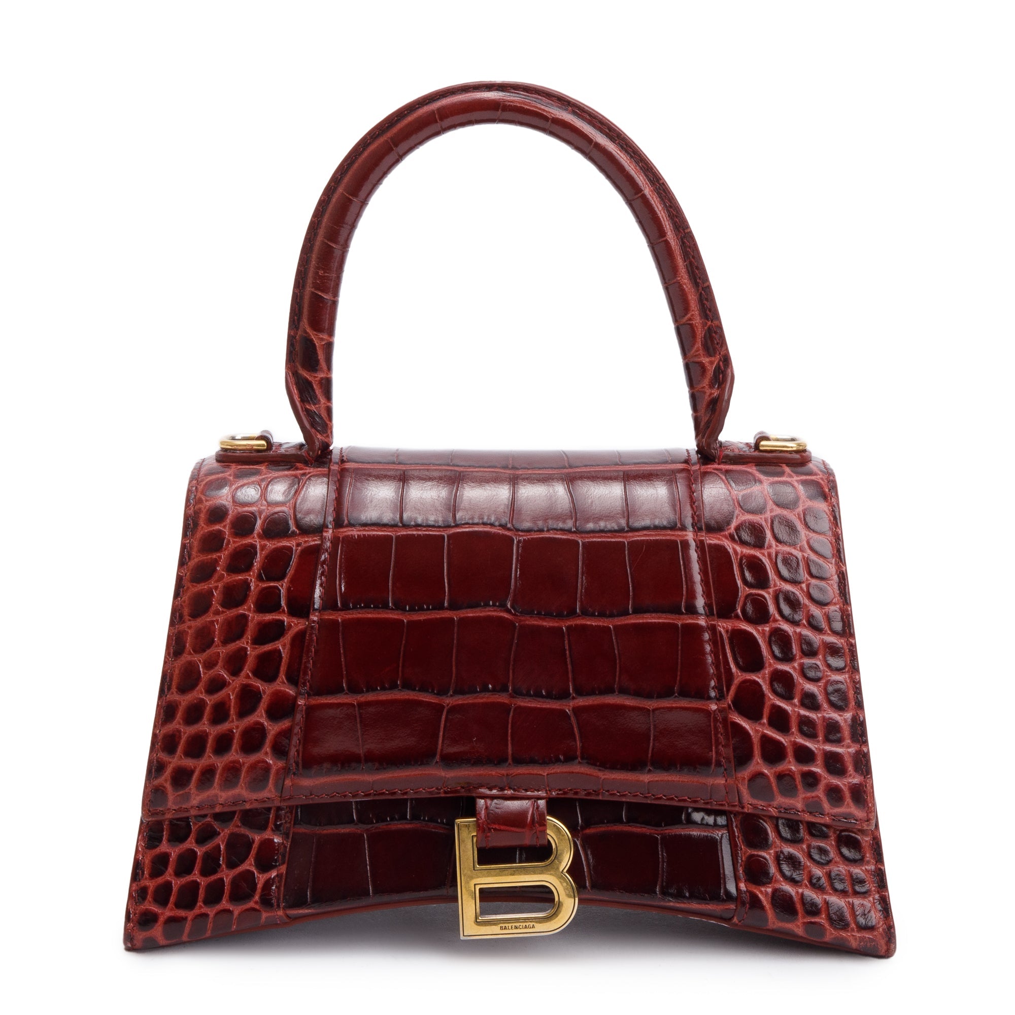 Balenciaga Burgundy Croc Embossed Leather Small Hourglass Top Handle Bag w/ Strap & Receipt