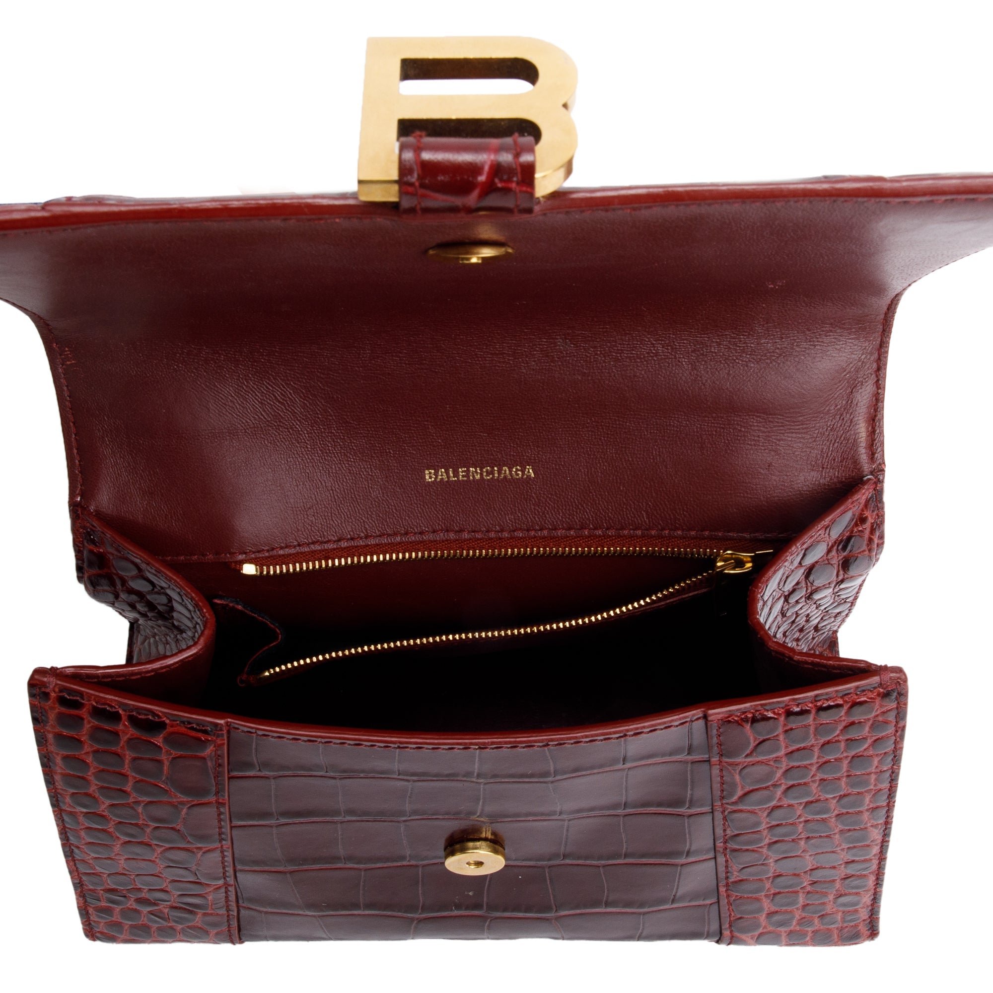 Balenciaga Burgundy Croc Embossed Leather Small Hourglass Top Handle Bag w/ Strap & Receipt