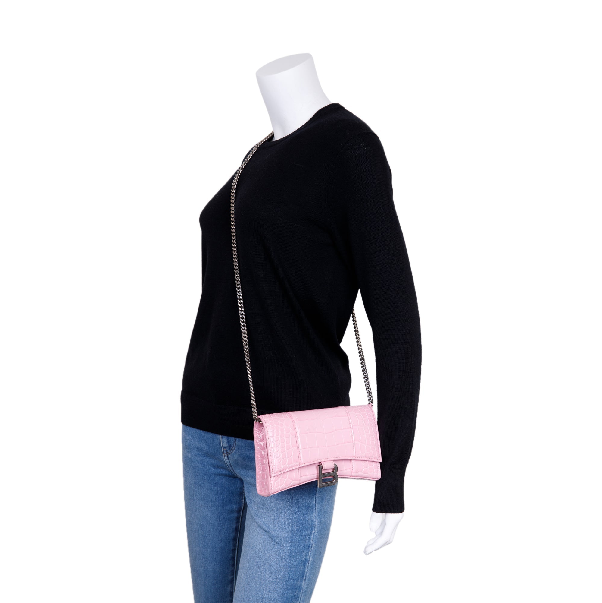 Balenciaga Crocodile Embossed Hourglass Wallet on Chain
