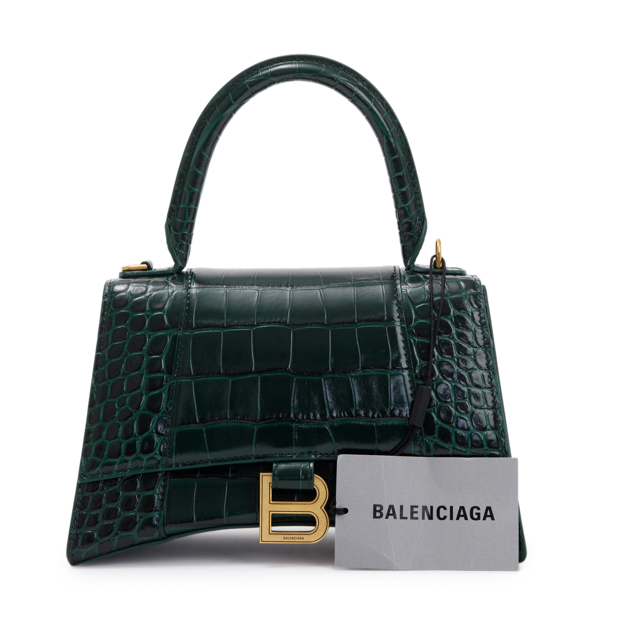 Balenciaga Green Croc-Embossed Calfskin Leather Small Hourglass Top Handle Bag w/ Strap