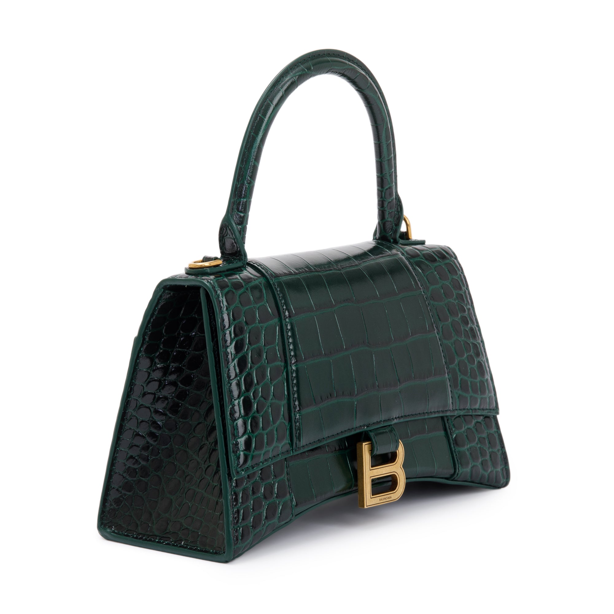 Balenciaga Green Croc-Embossed Calfskin Leather Small Hourglass Top Handle Bag w/ Strap