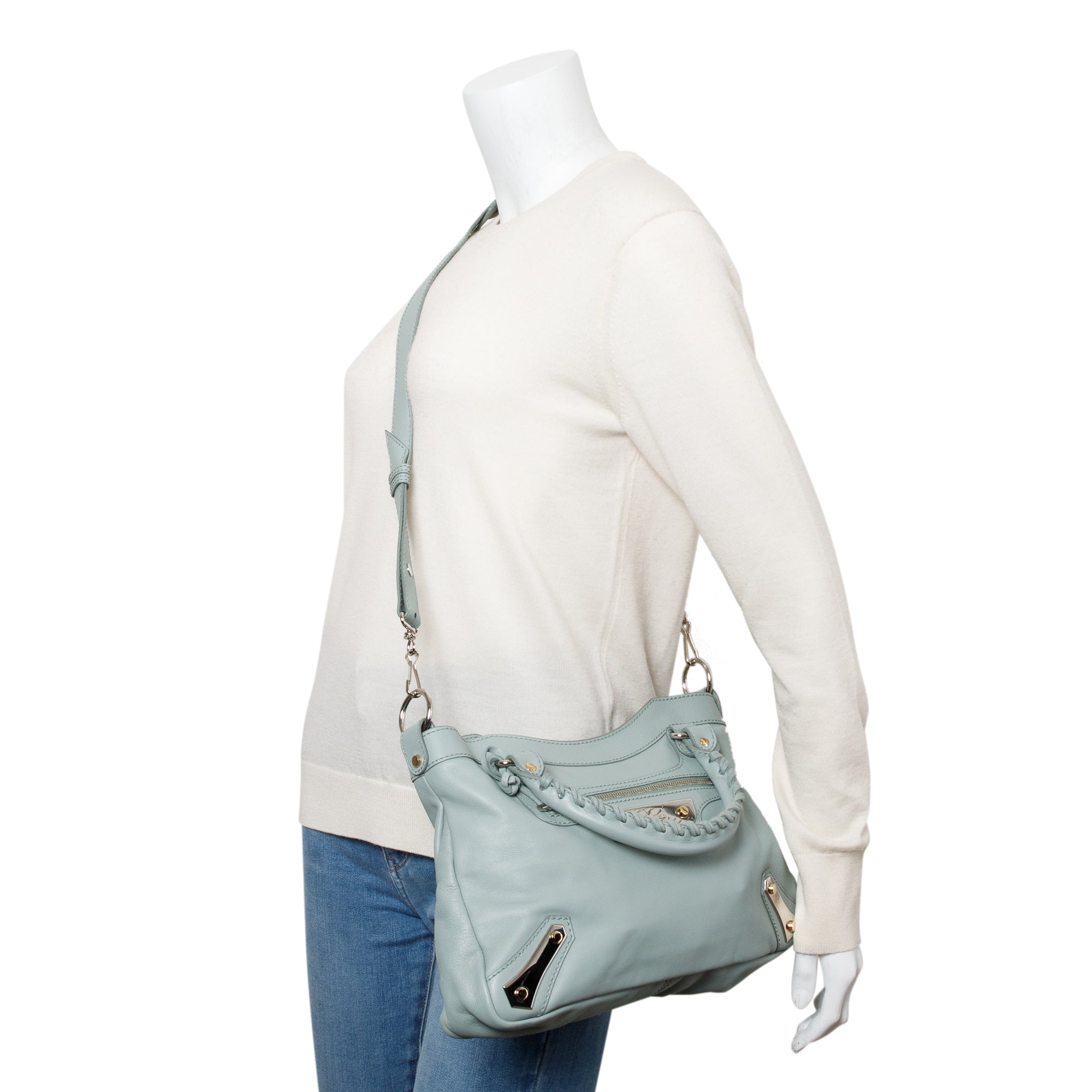 Balenciaga Green Town Metal Plate Flat Studs City Bag w/ Strap