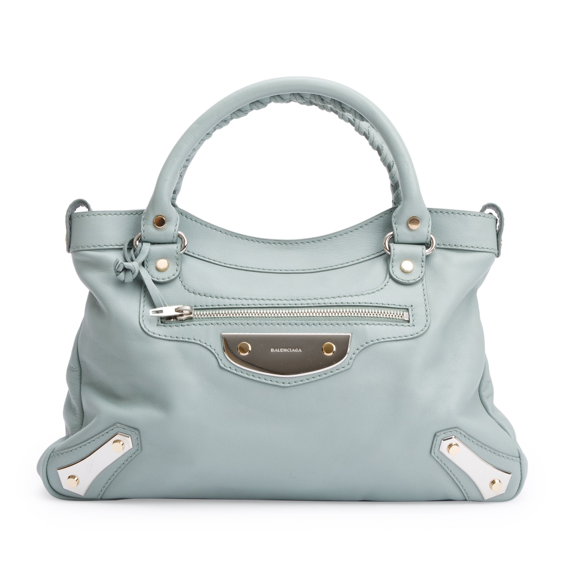 Balenciaga Green Town Metal Plate Flat Studs City Bag w/ Strap