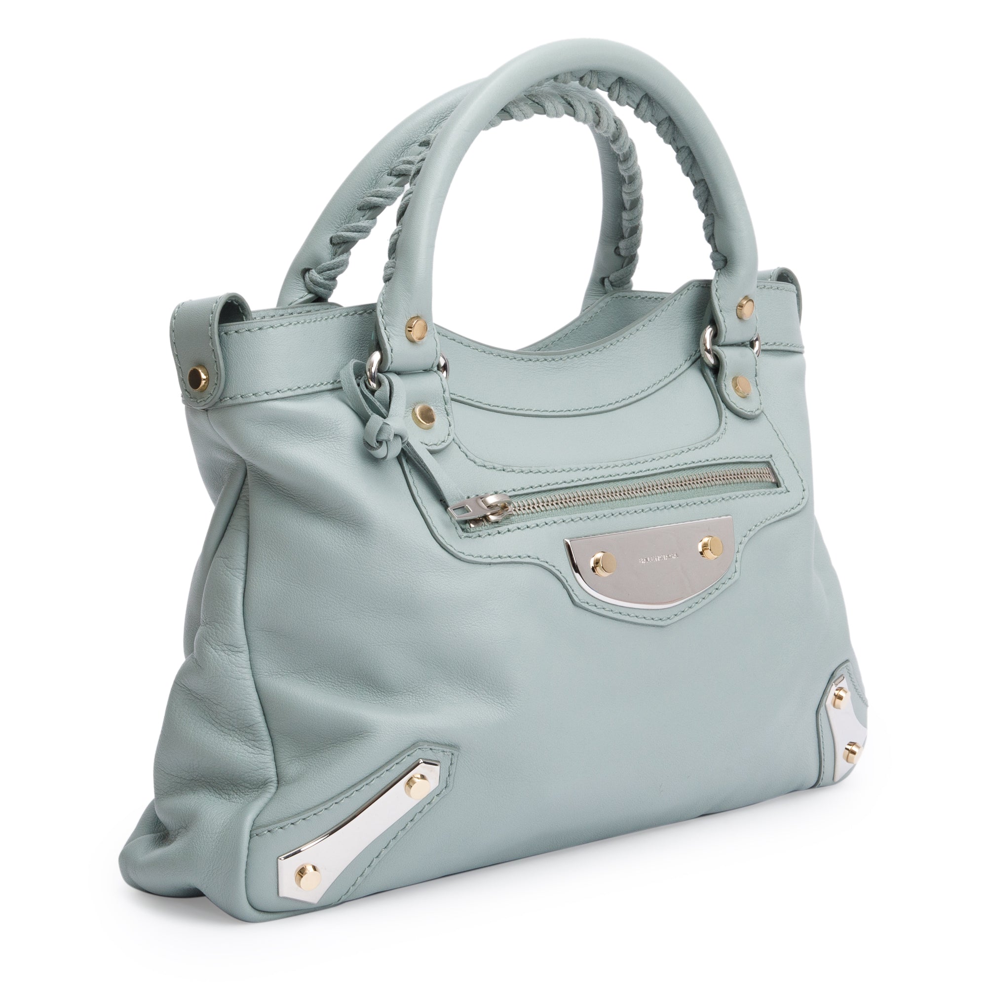 Balenciaga Green Town Metal Plate Flat Studs City Bag w/ Strap