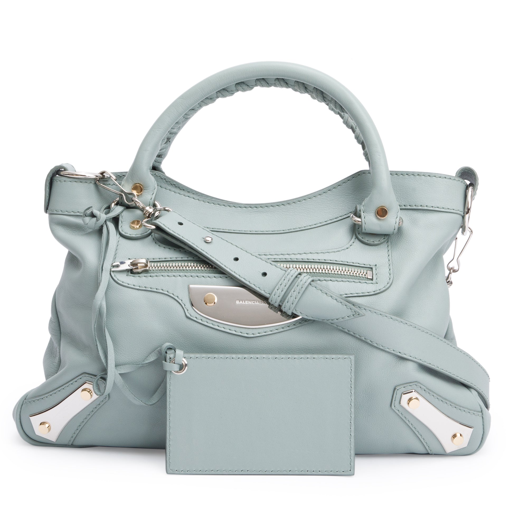 Balenciaga Green Town Metal Plate Flat Studs City Bag w/ Strap
