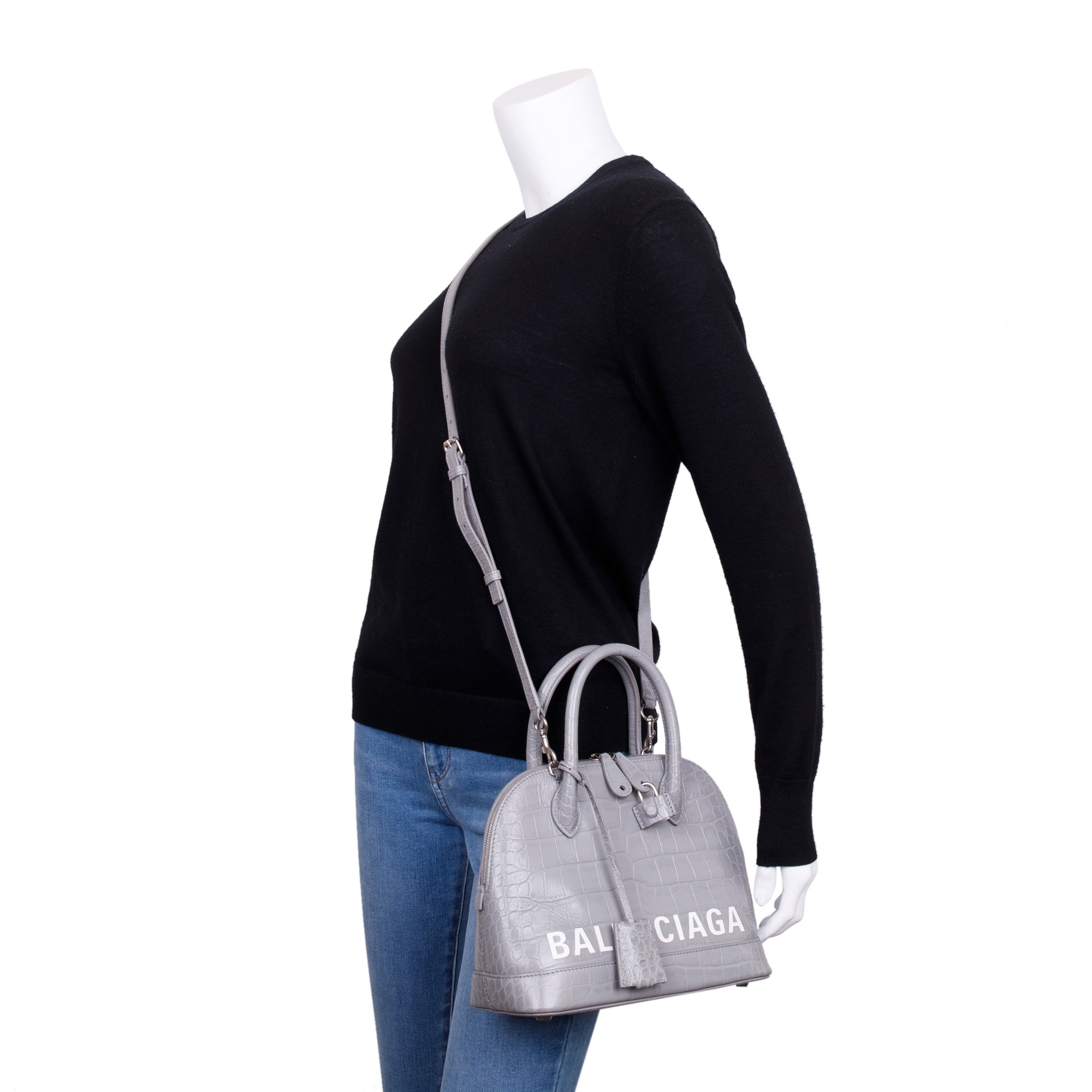 Balenciaga Grey Croc Embossed Ville S Top Handle Bag w/ Strap