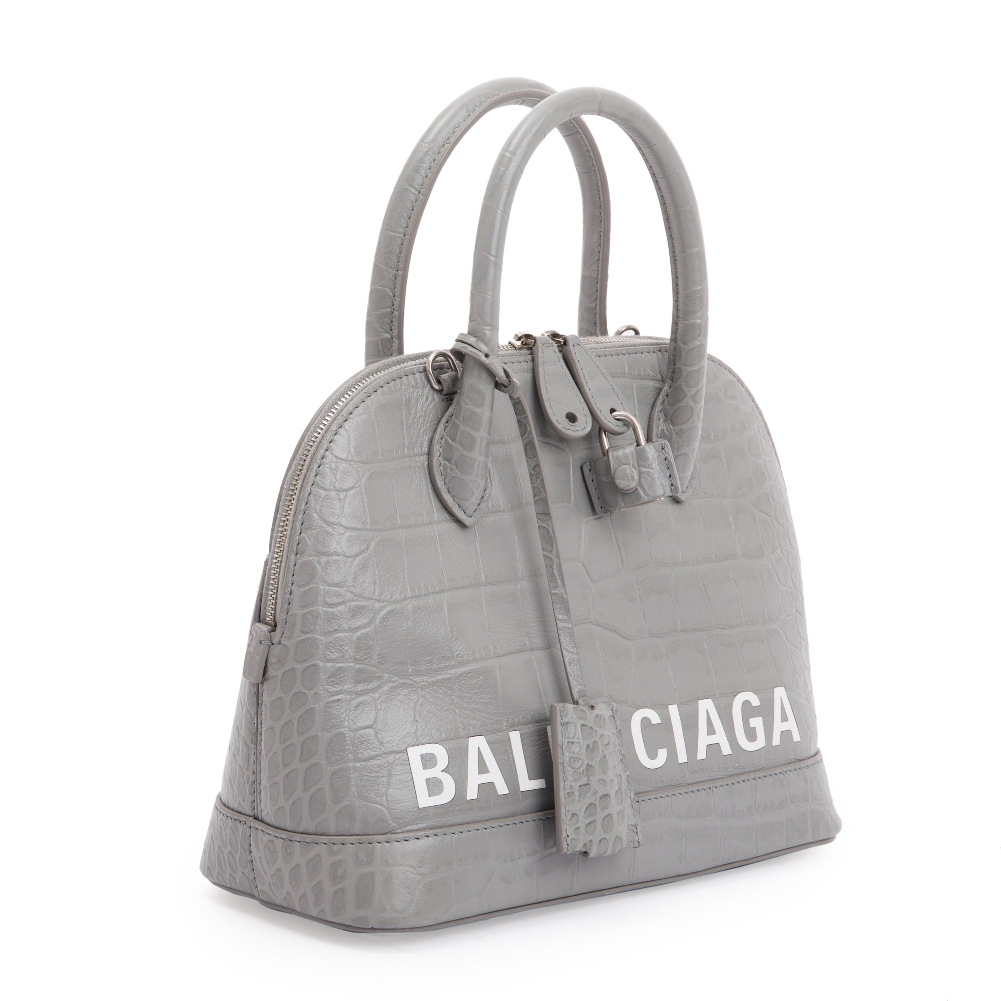 Balenciaga Grey Croc Embossed Ville S Top Handle Bag w/ Strap