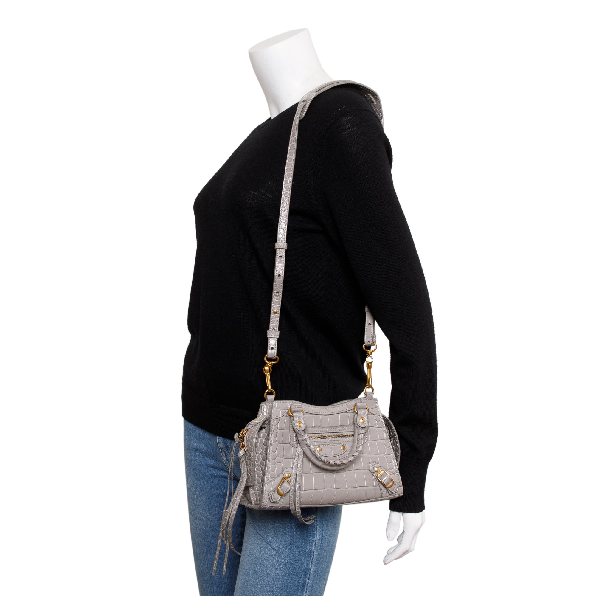 Balenciaga Grey Crocodile Embossed Calfskin Leather MIni Neo Classic Top Handle Bag w/ Strap