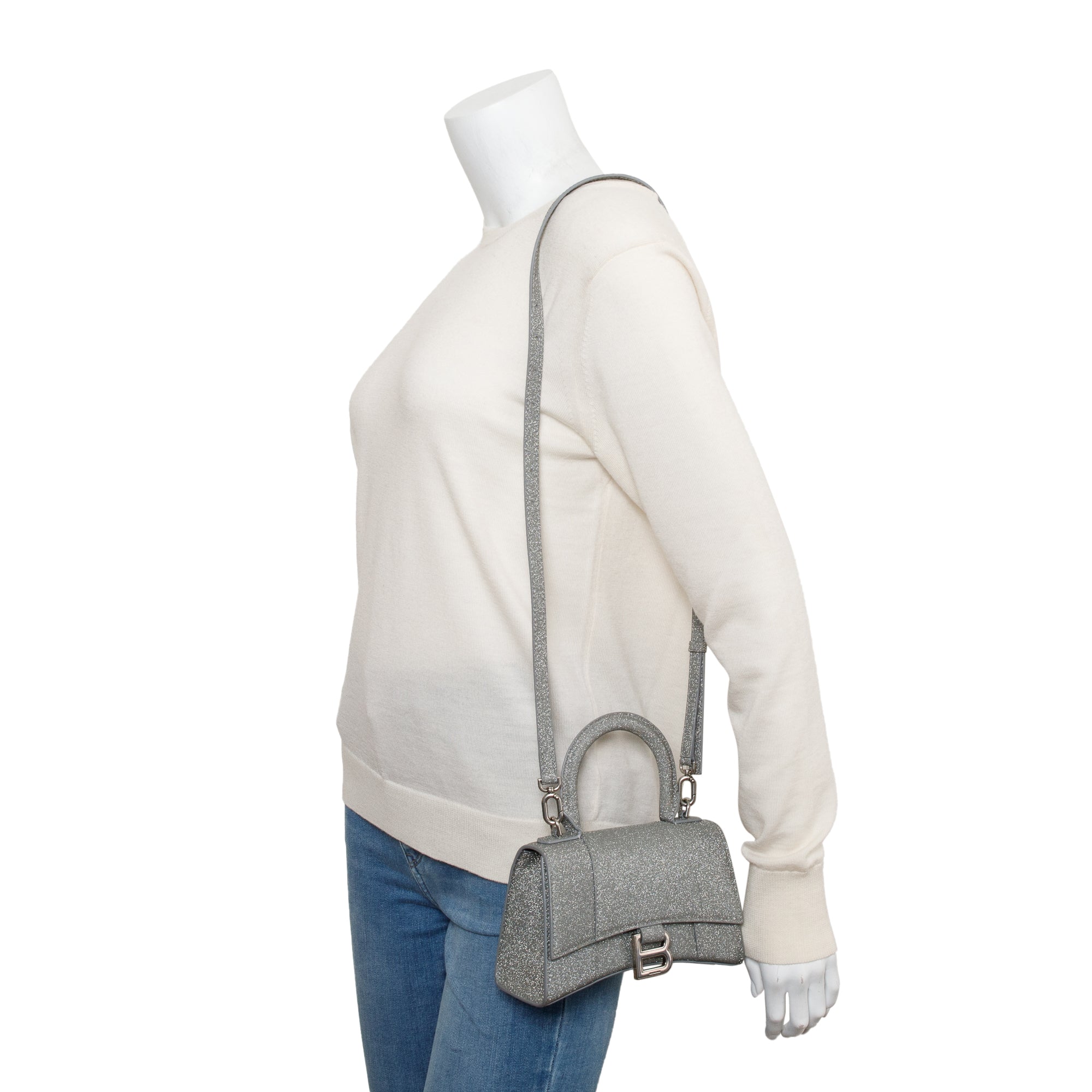 Balenciaga Grey Glitter Fabric XS Hourglass Top Handle Bag w/ Strap