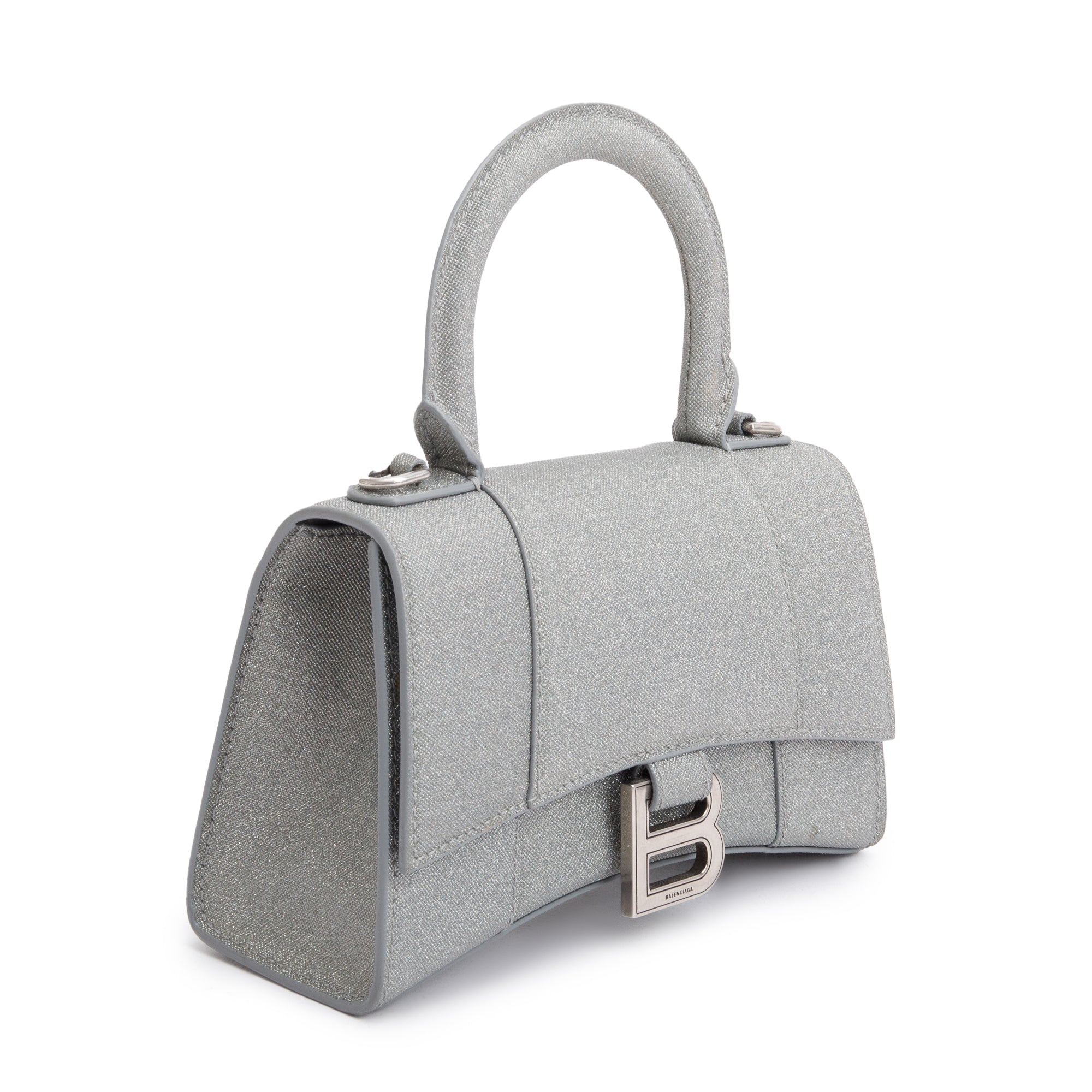 Balenciaga Grey Glitter Fabric XS Hourglass Top Handle Bag w/ Strap