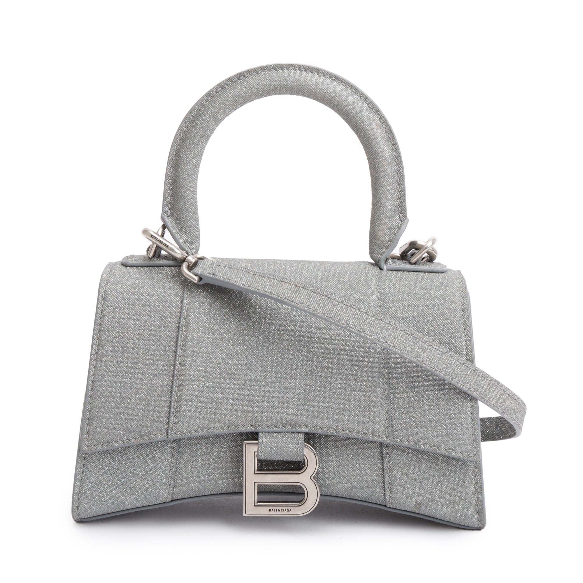 Balenciaga Grey Glitter Fabric XS Hourglass Top Handle Bag w/ Strap