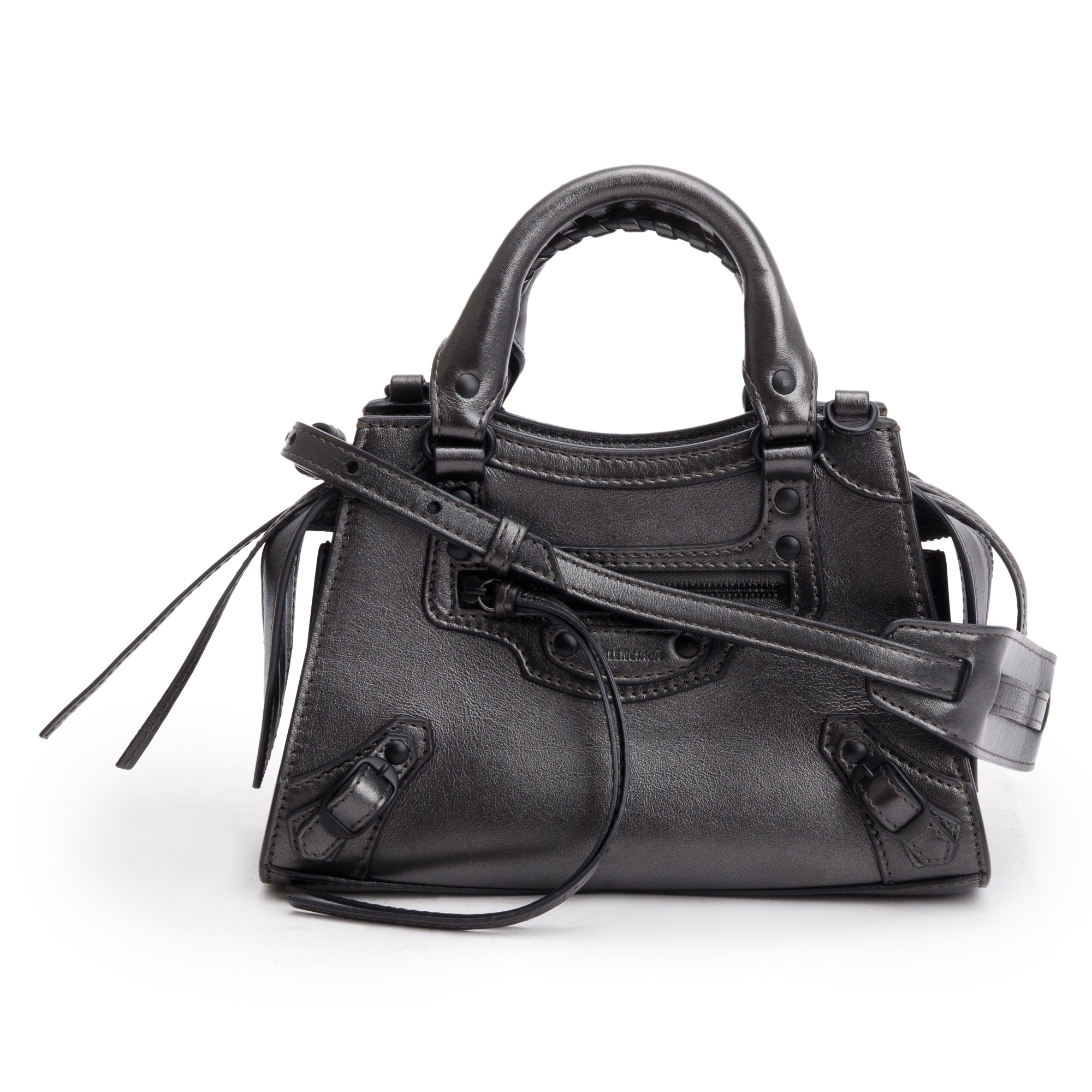 Balenciaga Grey Metallic Calfskin Leather MIni Neo Classic Top Handle Bag w/ Strap