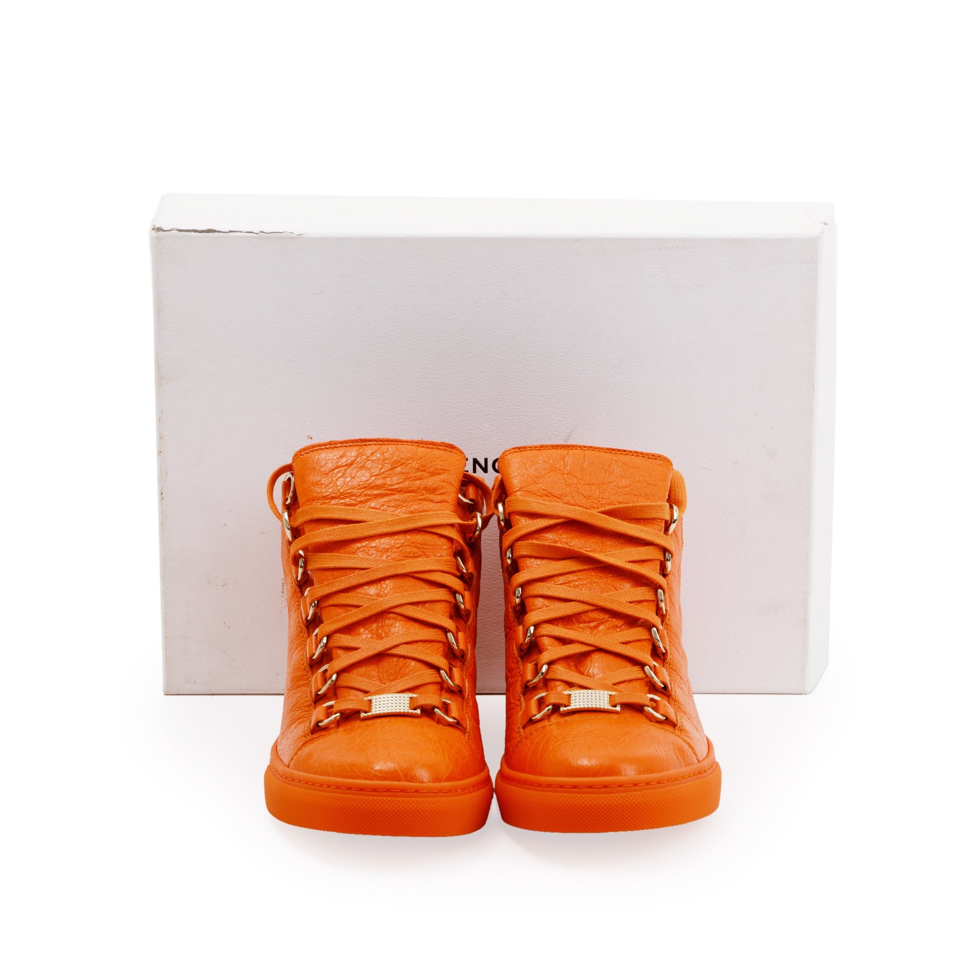Balenciaga Orange Arena Leather Sneakers, Size 38 w/ Box