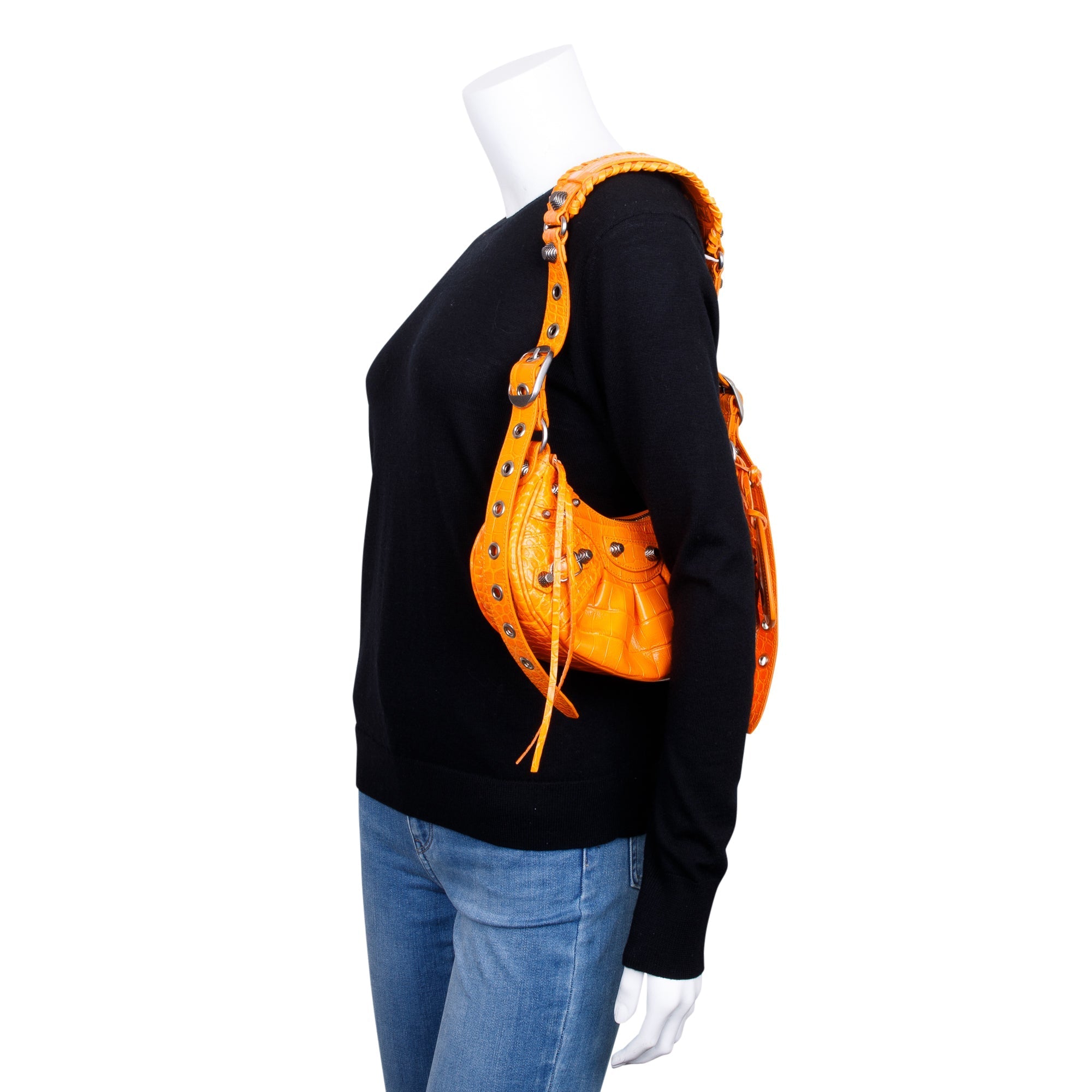 Balenciaga Orange Calfskin Crocodile Embossed Le Cagole XS Shoulder Bag