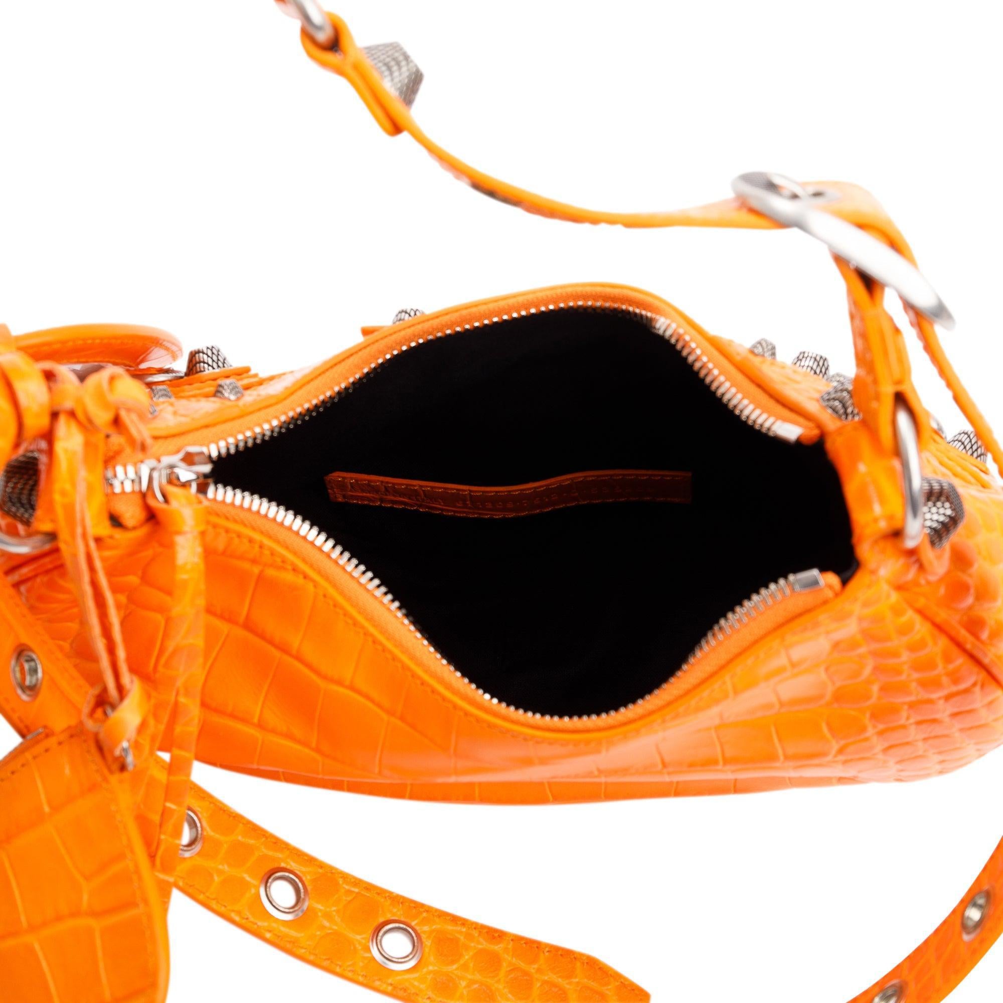 Balenciaga Orange Calfskin Crocodile Embossed Le Cagole XS Shoulder Bag