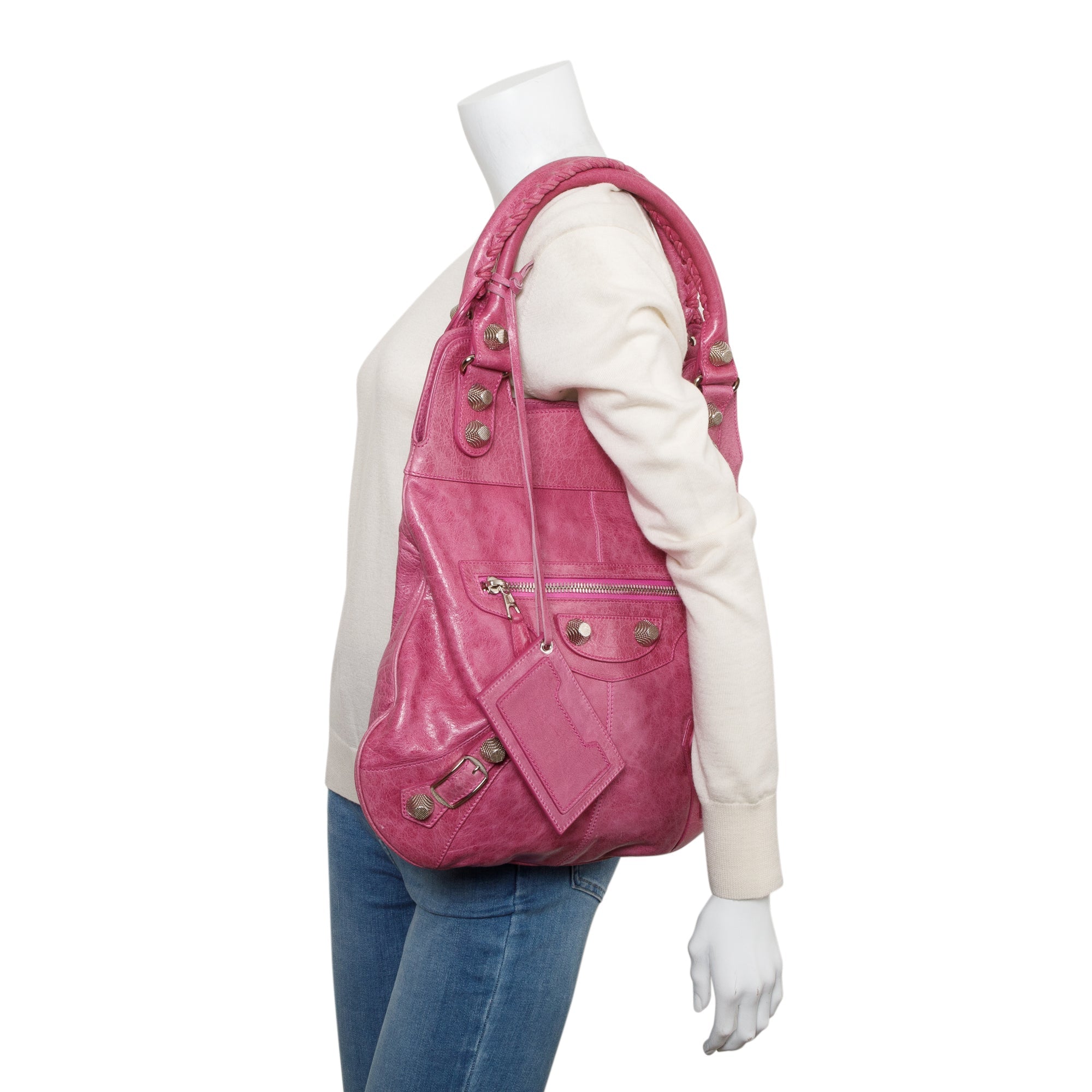 Balenciaga Pink Distressed Arena Leather Motocross Giant 21 Slim Hobo Bag