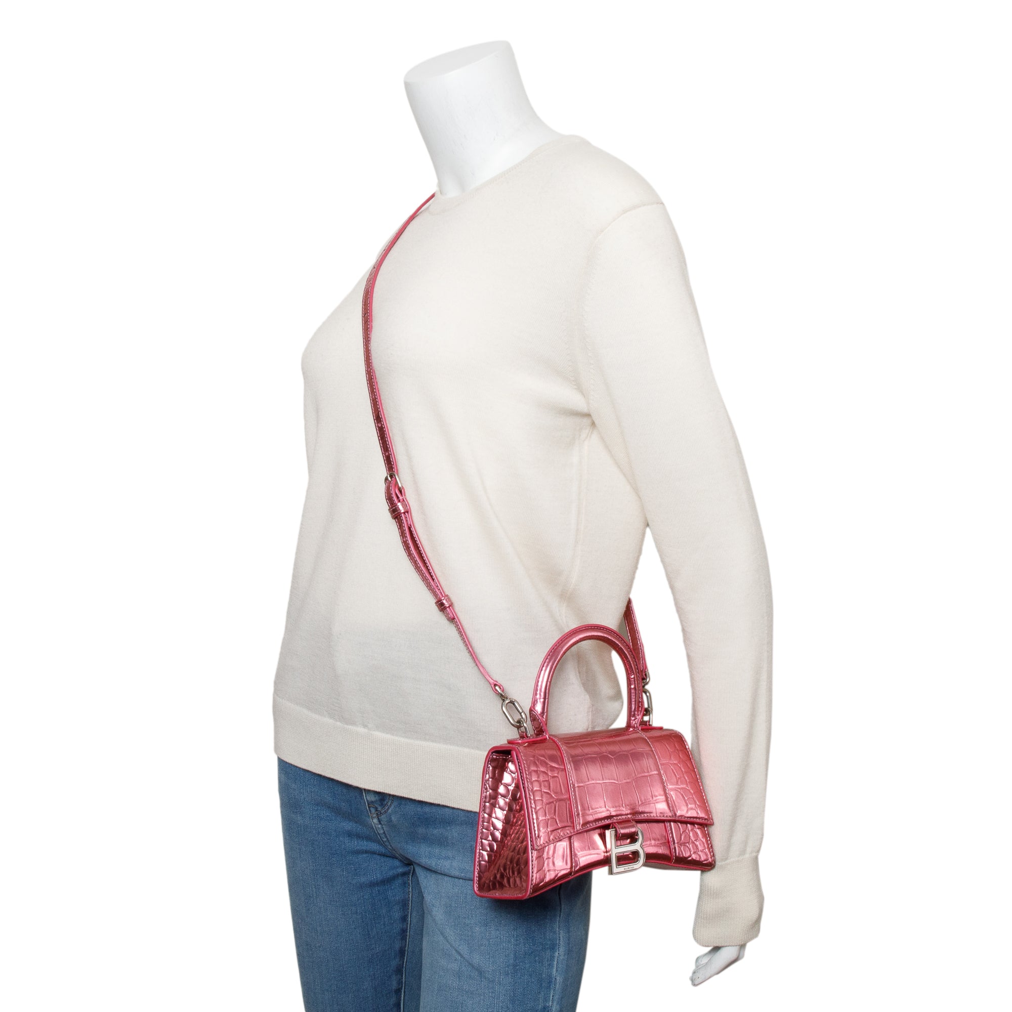 Balenciaga Pink Metallic Croc Embossed XS Hourglass Top Handle Bag w/ Strap