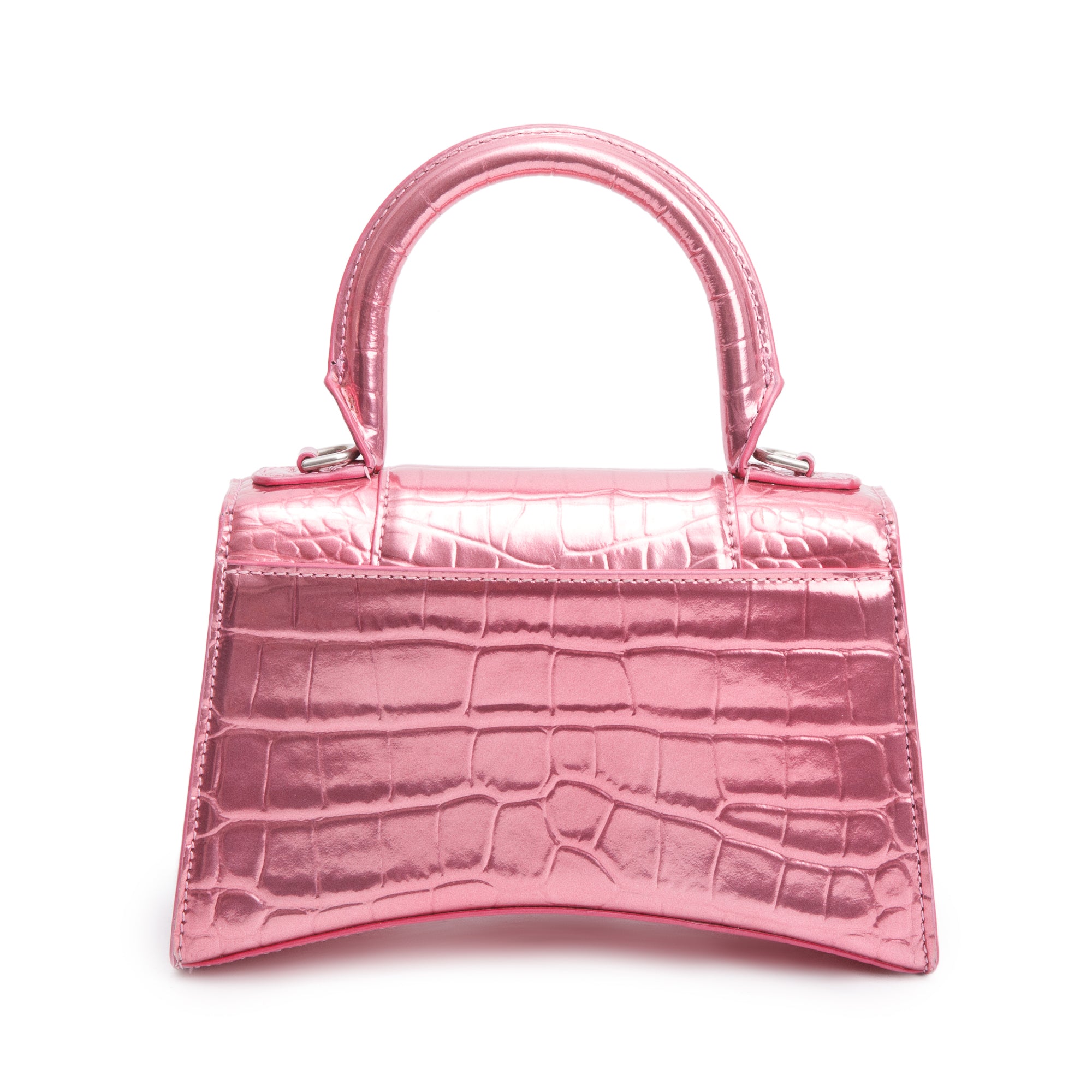 Balenciaga Pink Metallic Croc Embossed XS Hourglass Top Handle Bag w/ Strap
