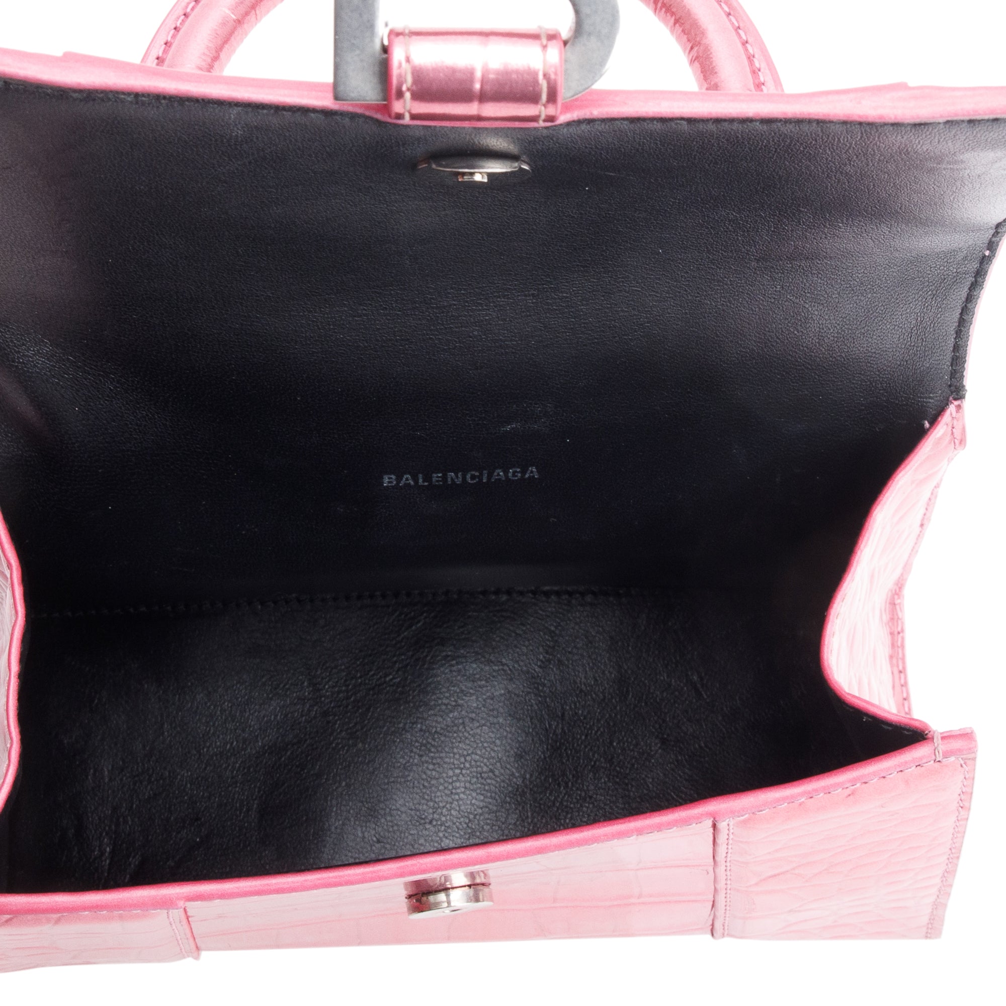 Balenciaga Pink Metallic Croc Embossed XS Hourglass Top Handle Bag w/ Strap