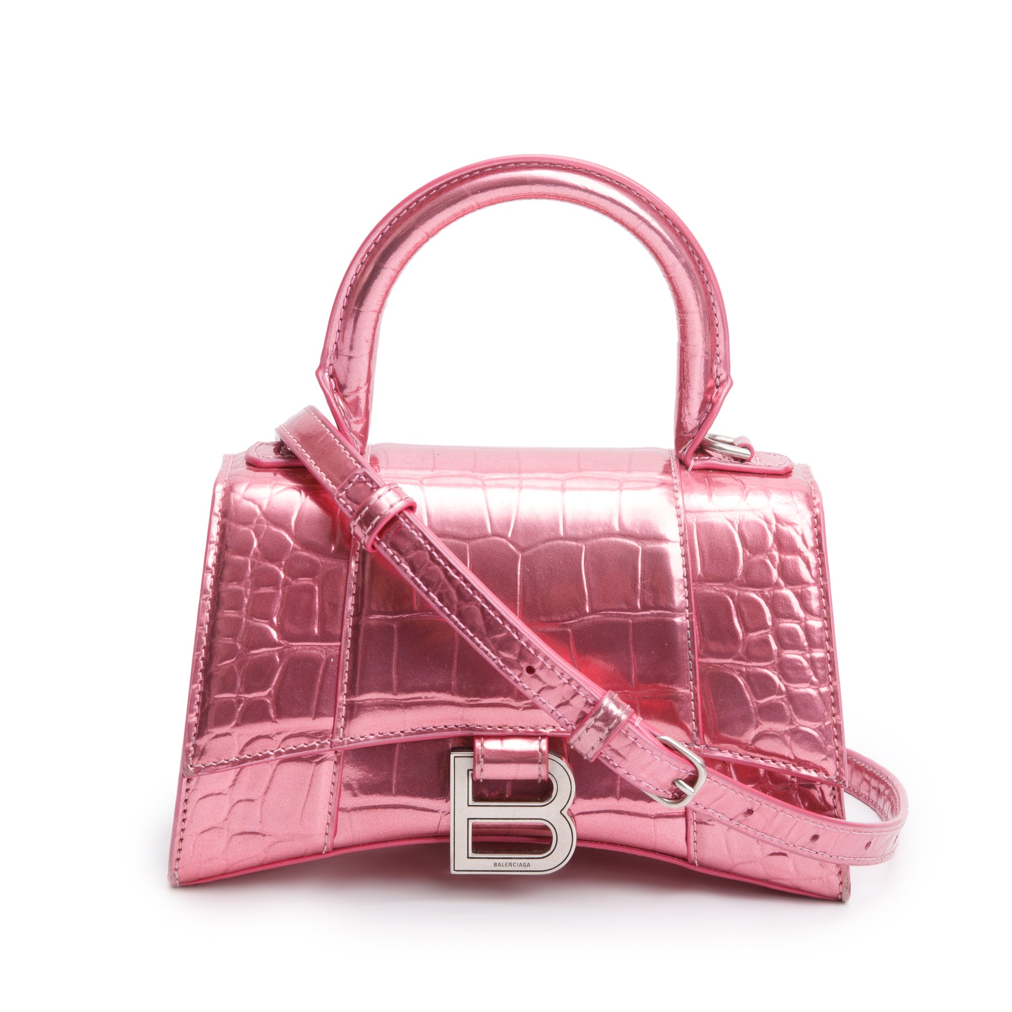 Balenciaga Pink Metallic Croc Embossed XS Hourglass Top Handle Bag w/ Strap