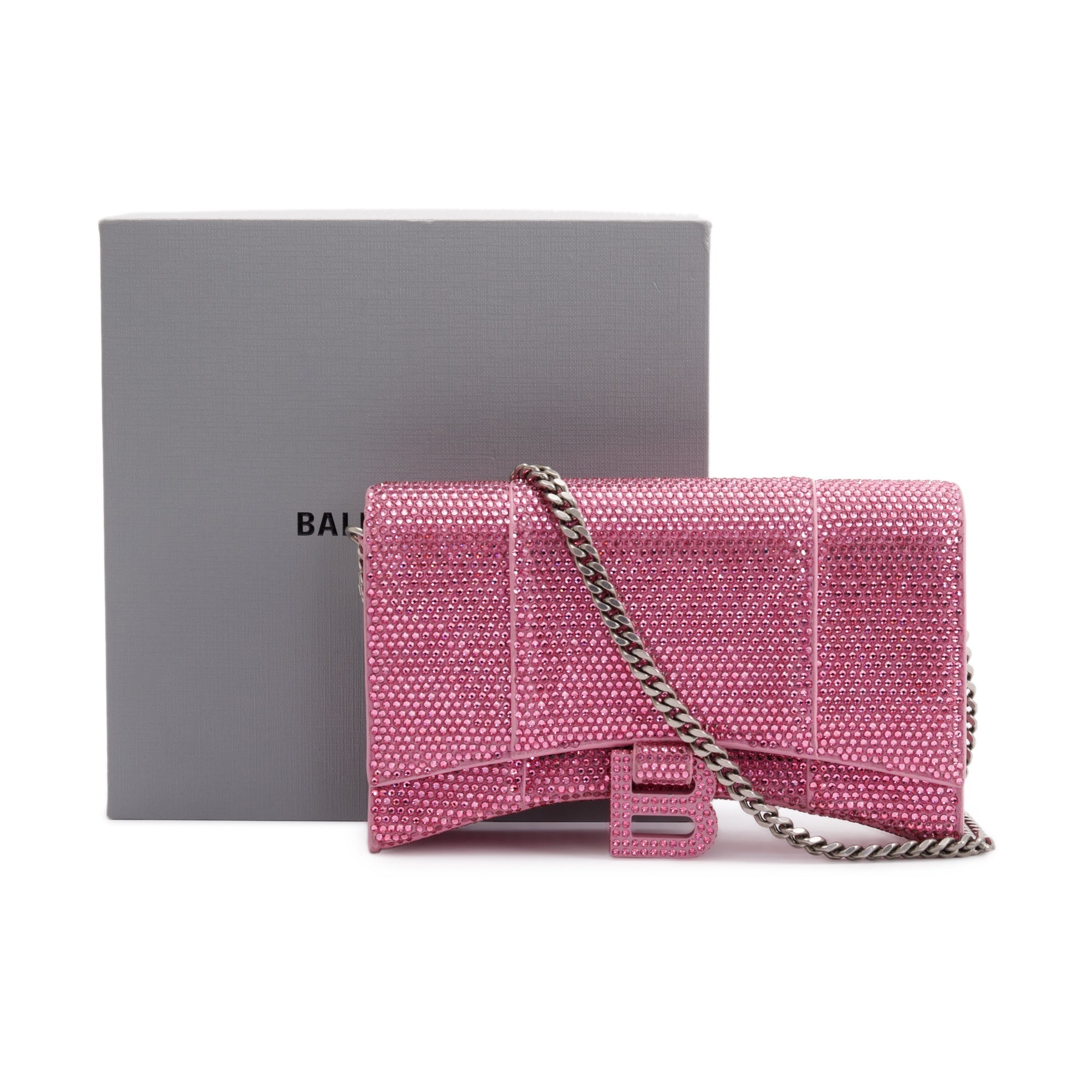 Balenciaga Pink Rhinestone Hourglass Wallet on Chain w/ Box