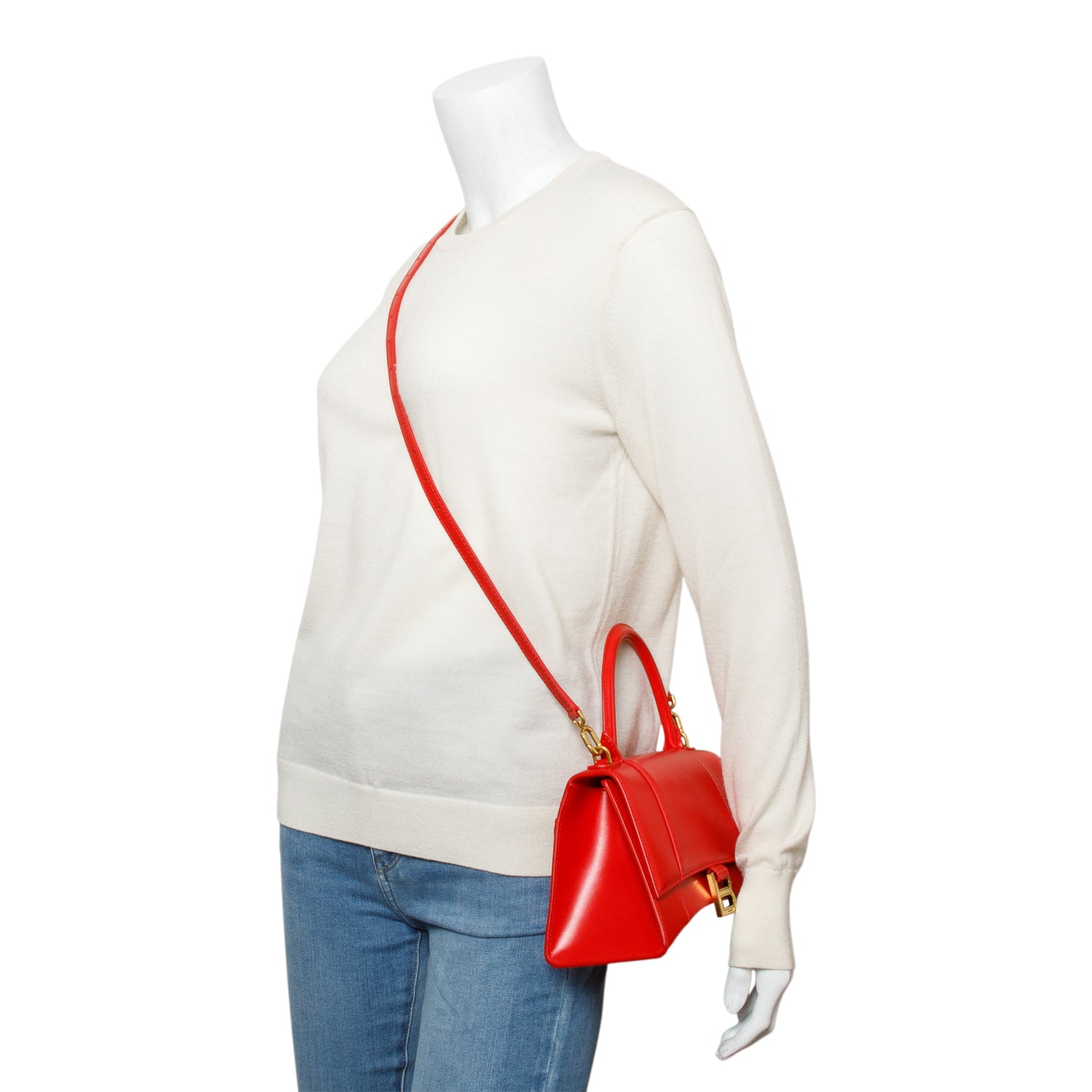 Balenciaga Red Smooth Leather Small Hourglass Top Handle Bag w/ Strap
