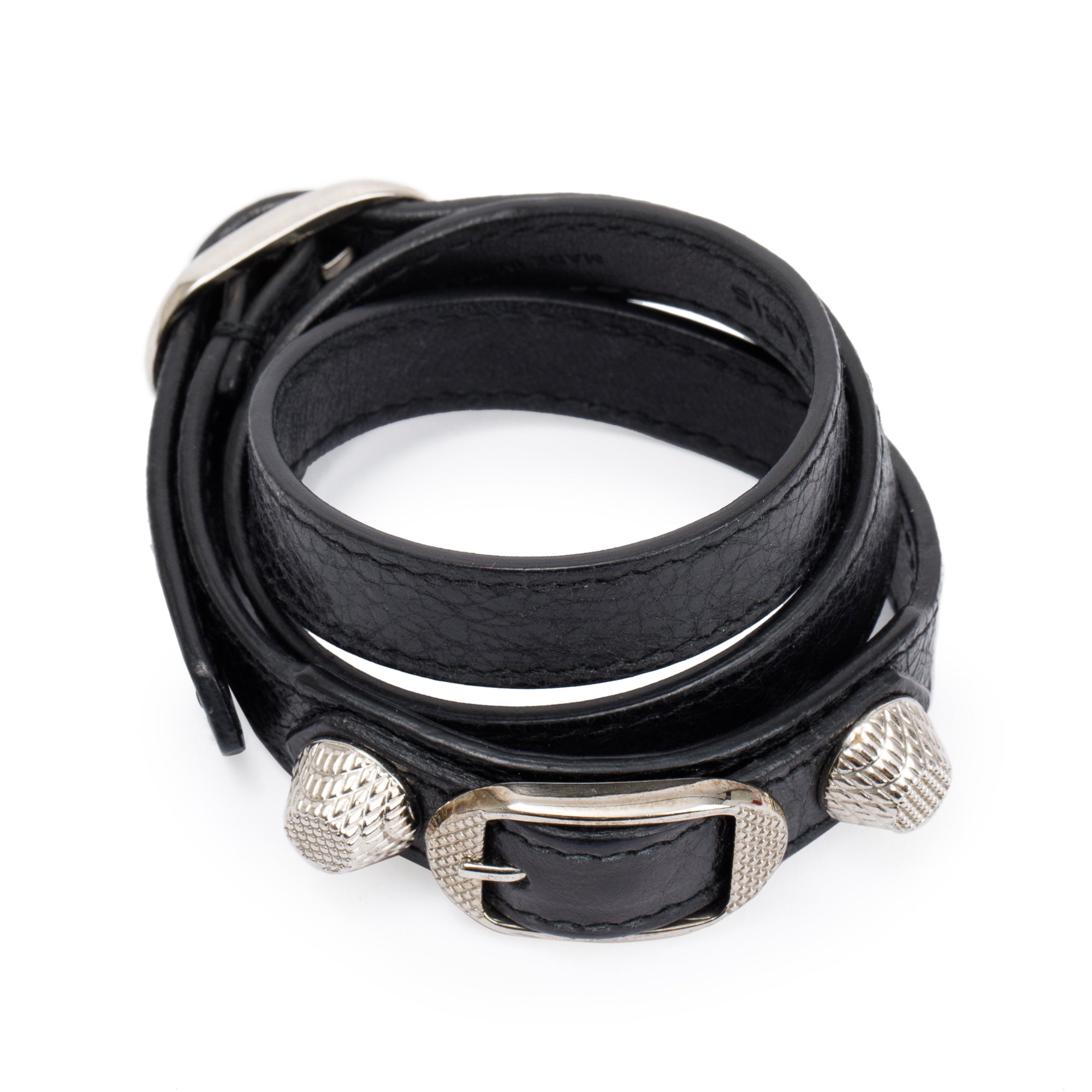 Balenciaga Silver Hardware Black Leather Triple Tour Bracelet w/ Box