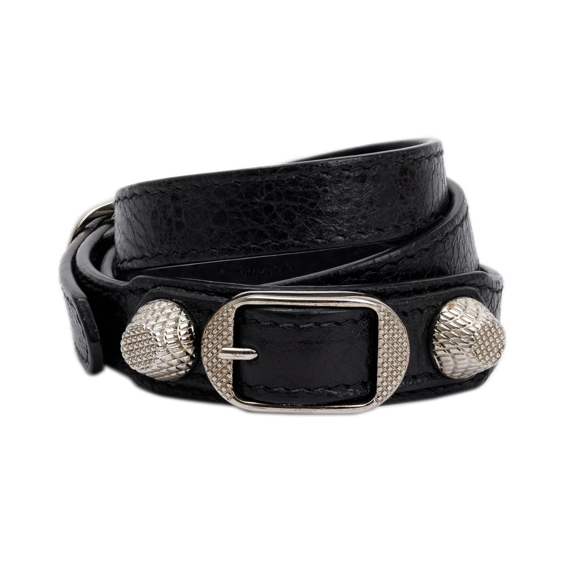 Balenciaga Silver Hardware Black Leather Triple Tour Bracelet w/ Box