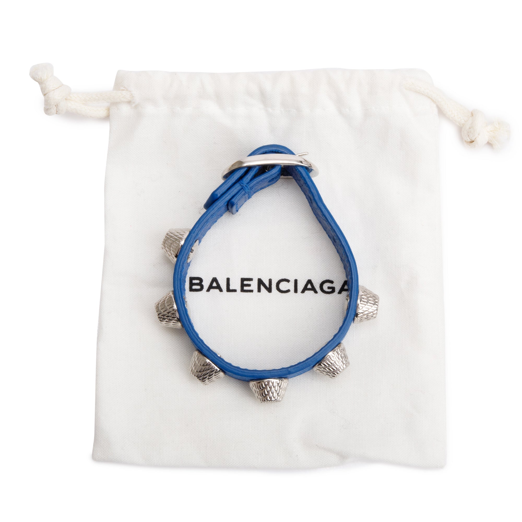 Balenciaga Silver Hardware Blue Leather Studded Wrap Bracelet, Size M