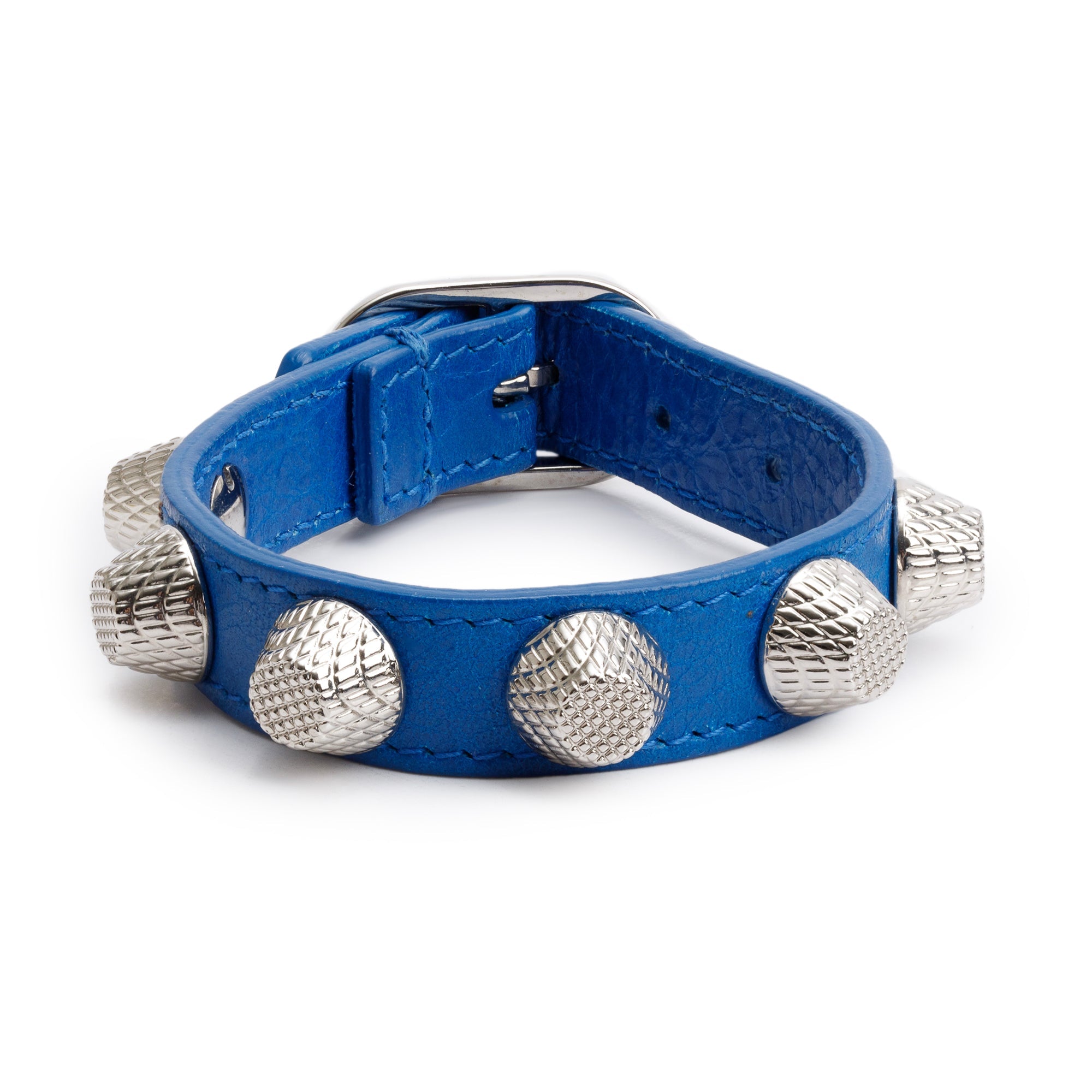 Balenciaga Silver Hardware Blue Leather Studded Wrap Bracelet, Size M